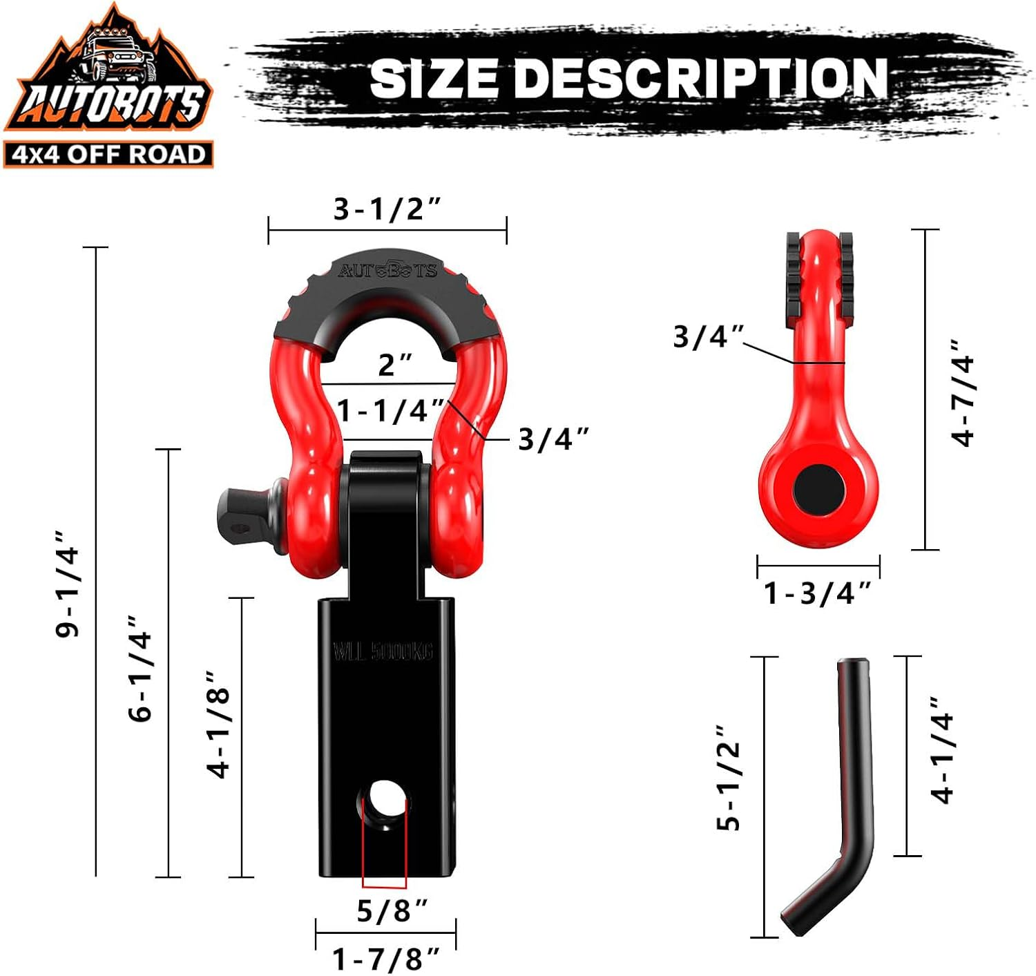 AUTOBOTS Tow Hitch Receiver 2", 45,000 Lbs Break Strength Heavy Duty Receiver with 5/8" Screw Pin, 3/4 Shackle, Towing Accessories for Vehicle Recovery Off-Road Red&Black image number 3