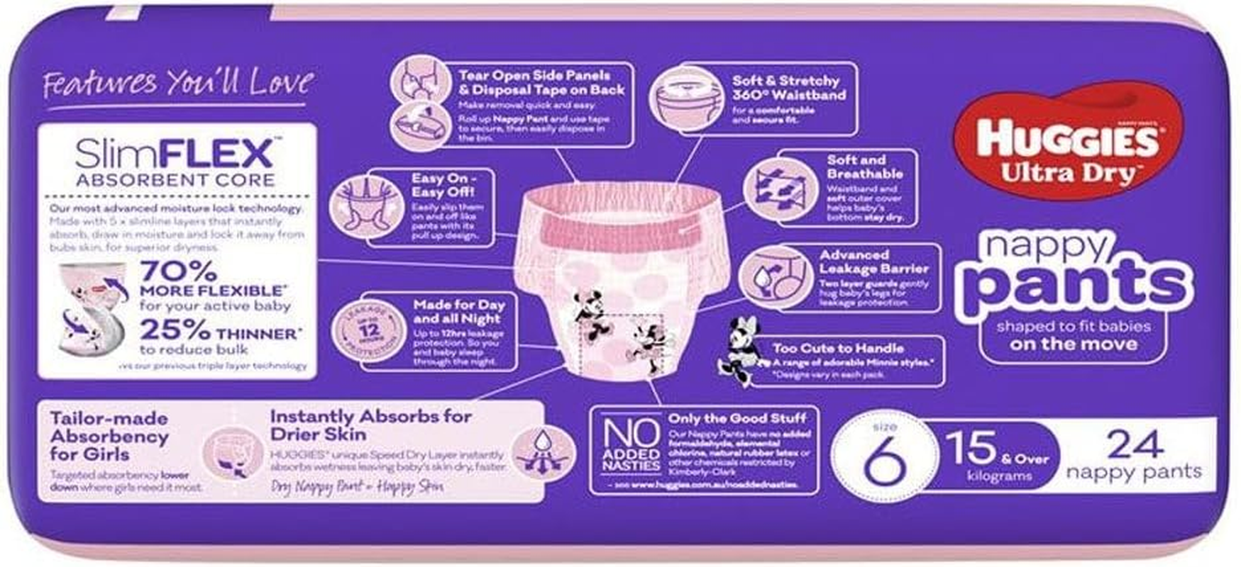 Huggies Ultra Dry Junior Girls Nappy Pants 24-Pieces Pack, Size 6 image number 2