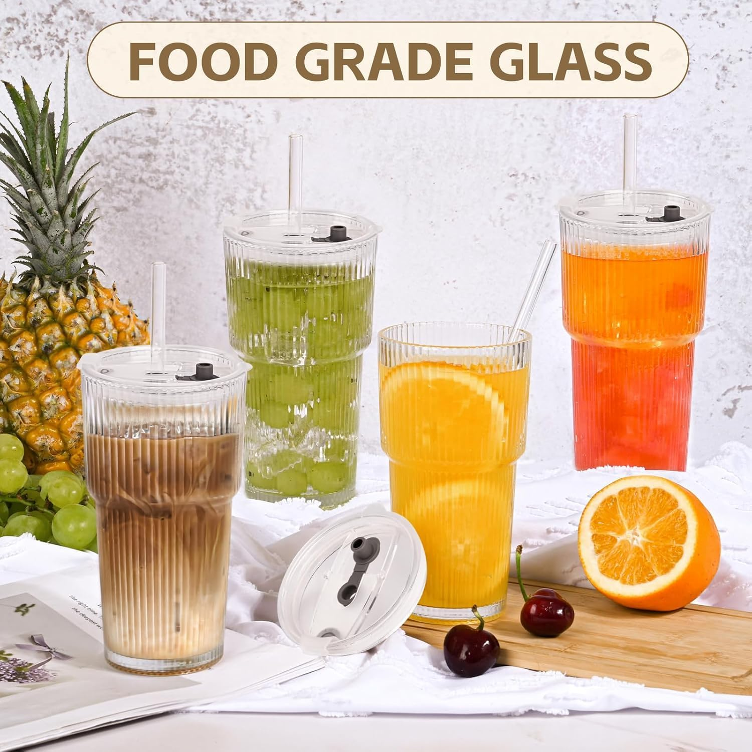20 Oz Ribbed Glass Tumblers with Lids and Glass Straws &ndash; 4-Piece Glassware Set, Thickened Glass, Ideal for Iced Coffee, Smoothies, Cocktails, and Juices &ndash; Elegant and Durable Drinkware (4) image number 4