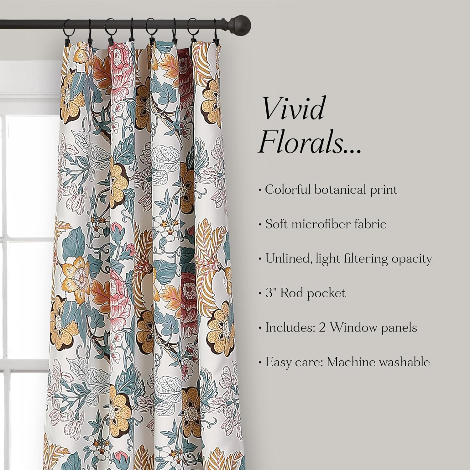 Lush Decor Sydney Light Filtering Window Curtain Panels, Pair, 52" W X 84" L, Blue & Yellow - Botanical Garden - Country Cottage Home Decor - Floral Curtains for Bedroom, Living Room, & Dining Room - Blue  Yellow image number 4