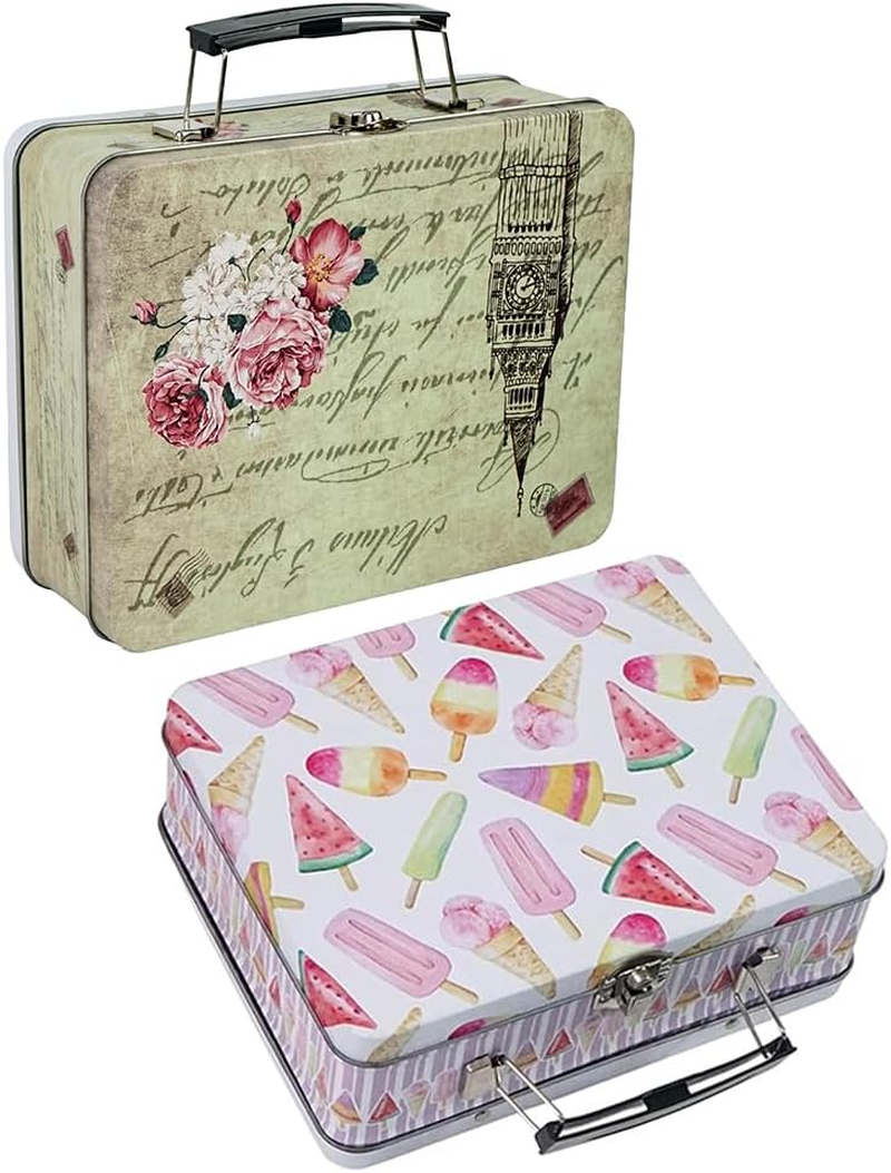 Dreamseden 2-Pack Tin Storage Box Set - Small Handheld Decorative Metal Box with Handle - Adorable Popsicles & Vintage Sketch Patterns 7.8 X 6.1 X 2.9 Inch Keepsake Case Gift Set
