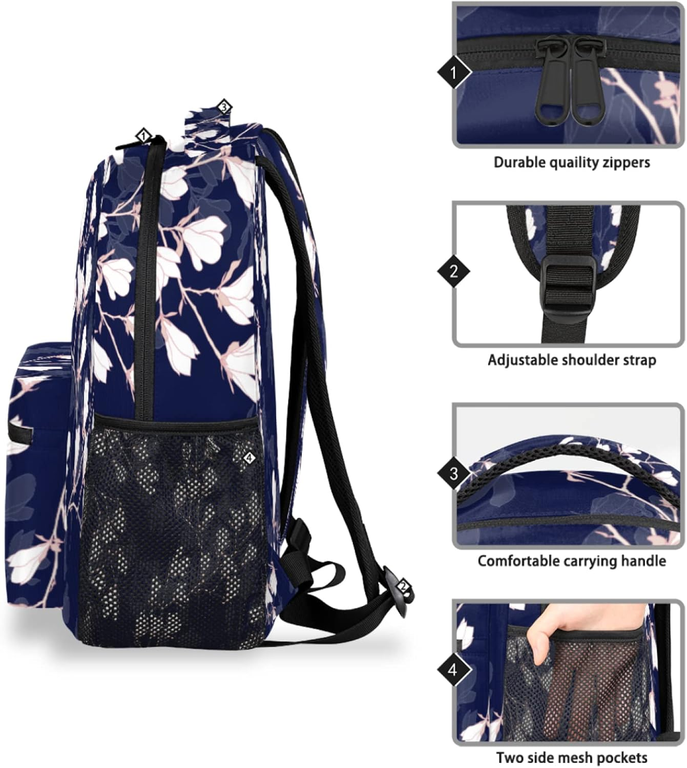 Tropicallife White Flower Pattern Backpack Lightweight Waterproof Rucksacknational Plant School Bags for Girls Boys Durable Canvas Casual Dayback with Double Mesh Side Pockets, Multi, L image number 4