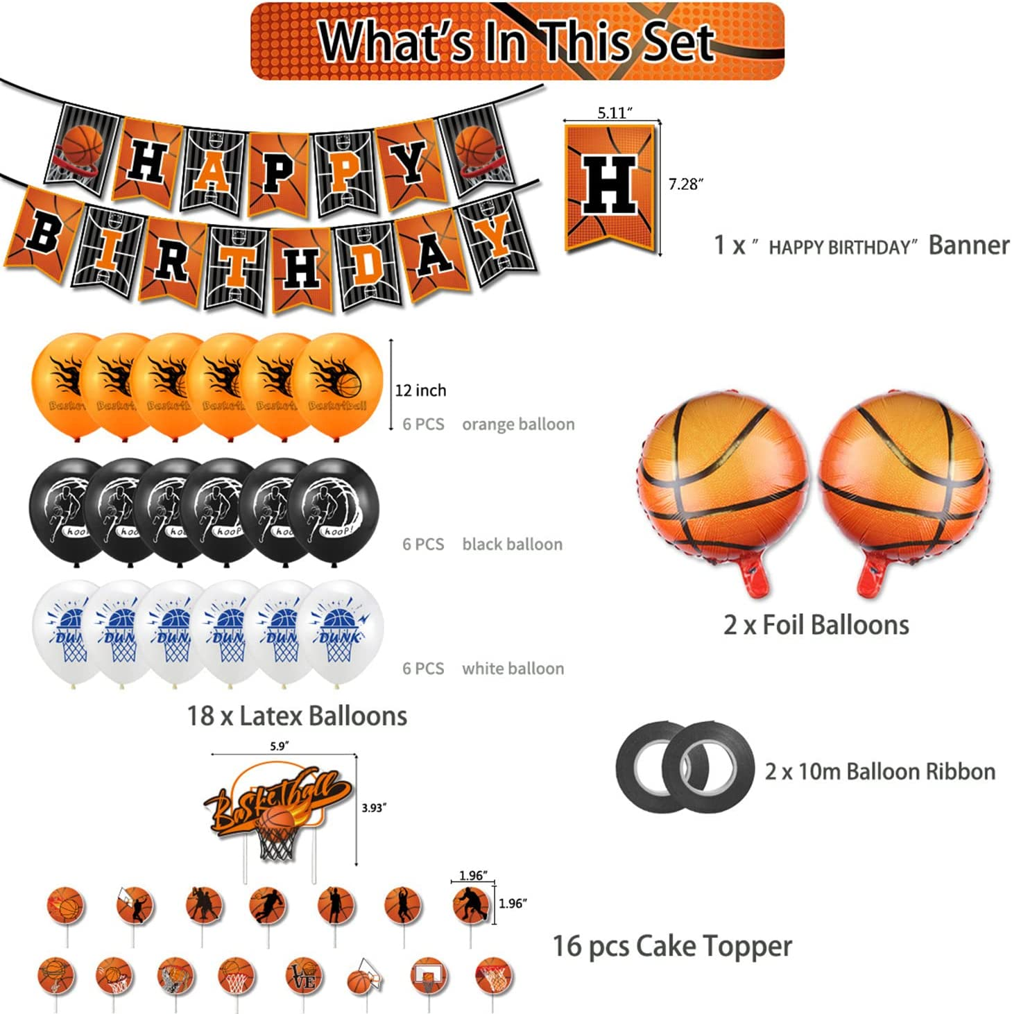 Yamibobo Basketball Party Supplies Kit, Basketball Foil & Latex Balloons, Banners, Cupcake Decorations, Cake Topper, Ribbons for Boys Sports Theme Birthday image number 3