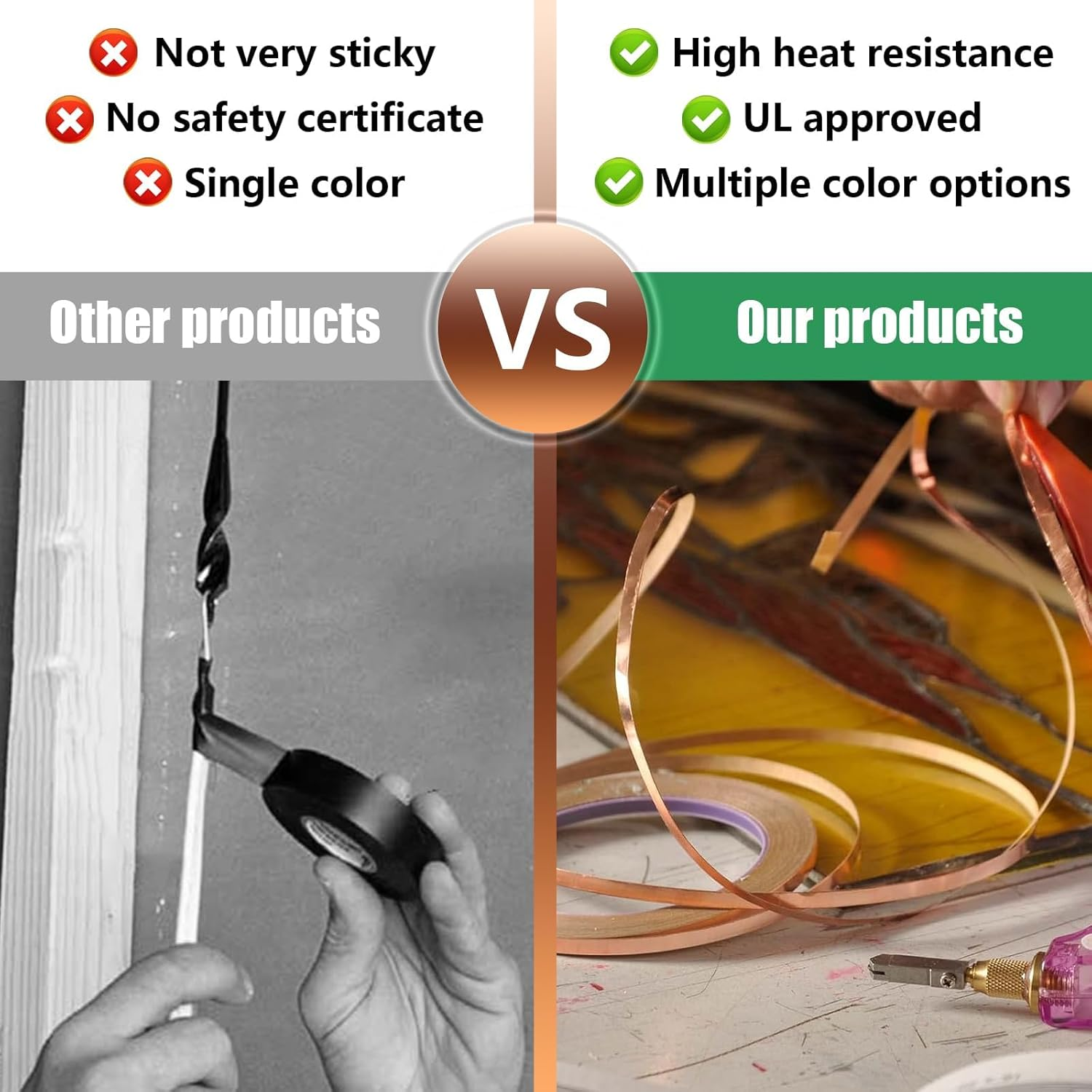 Conductive Adhesive Copper Tape, 2 Pcs Conductive Copper Foil Tape, Conductive Copper Tape with Single-Sided for Guitar and EMI Shielding, Slug Repellent, Stained Glass, Crafts, Electrical Repairs image number 6