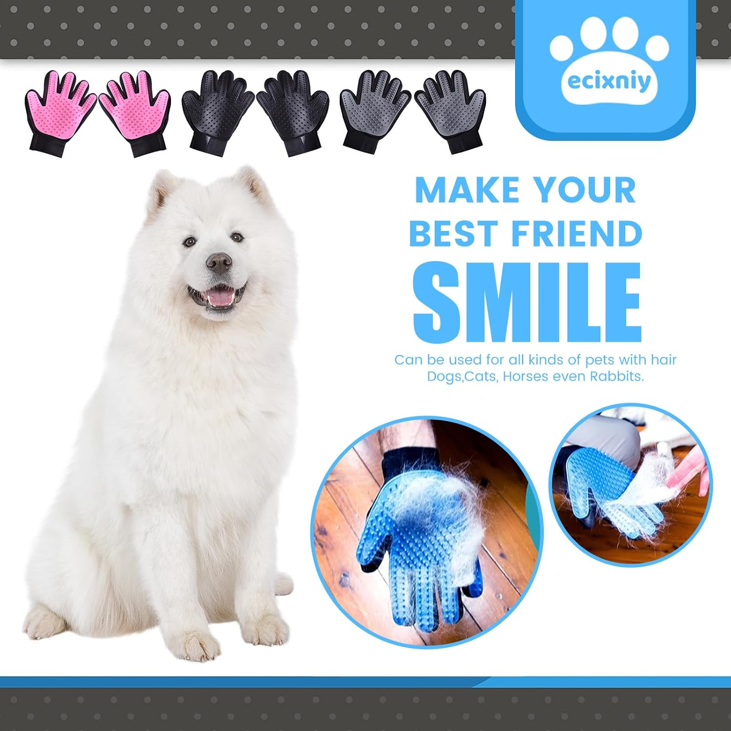【Ecixniy】Pet Grooming Gloves,One Pair Gentle BPA Free Dog Washing Glove,Pet Hair Remover,Cat Brush Fur Removal Groomer for All Pet Hair Removal Needs-For a Clean Home & Happy Fur Babies.（1Pair Blue） image number 2