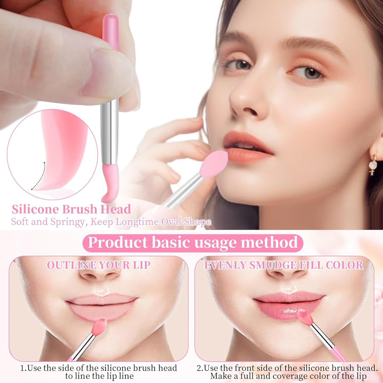 4 PCS Lip Brush & 4 PCS Nose Brush, Double-Sided Exfoliating Lip Scrubber, Soft Silicone Makeup Brushes & Applicator Tools for Smooth Lips & Nose, Gentle Exfoliation & Precise Balm Application (Pink) image number 3