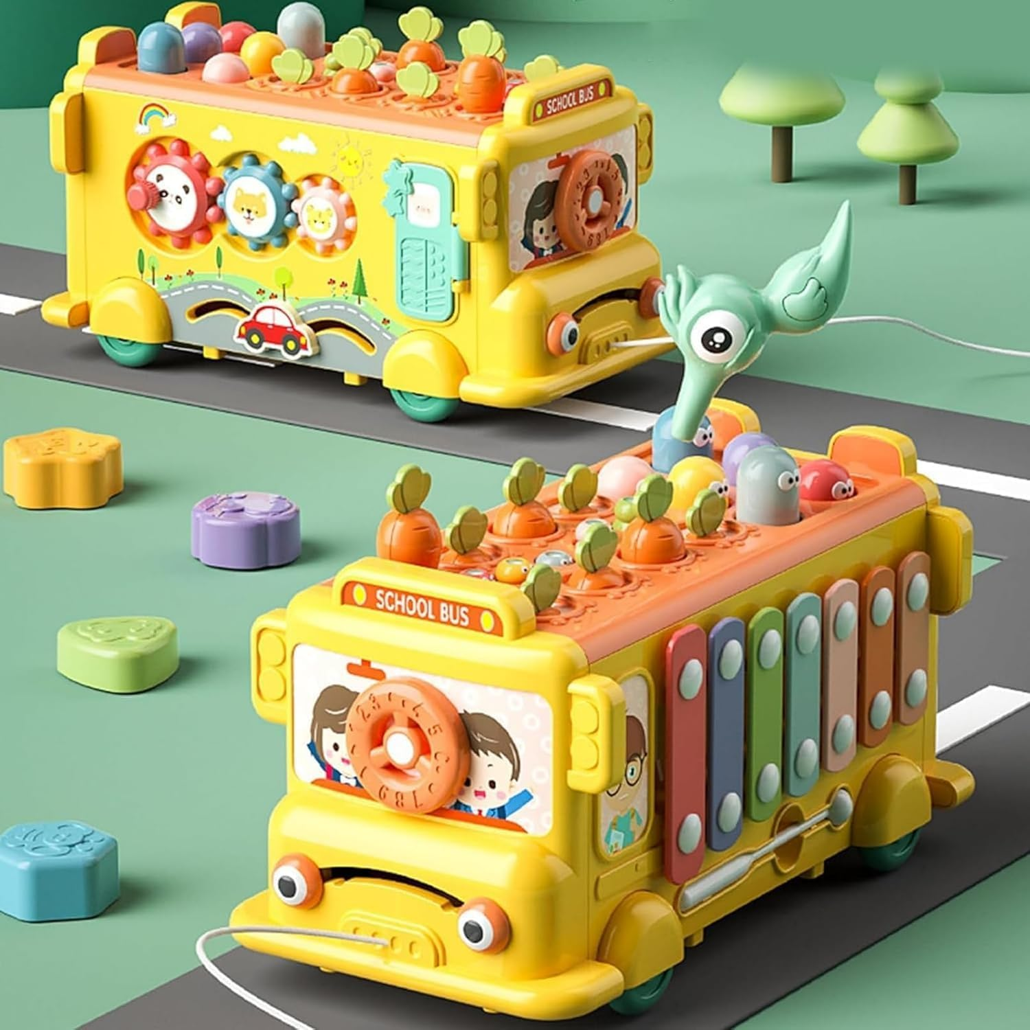 Uandhome 12-In-1 Montessori Toys for 1 2 3 Year Old Baby Boys Girls,Hammering Pounding Toy Harvest,School Bus Toy with Gears,Teaching Clock,Fishing Game and Color Matching for Kids image number 5