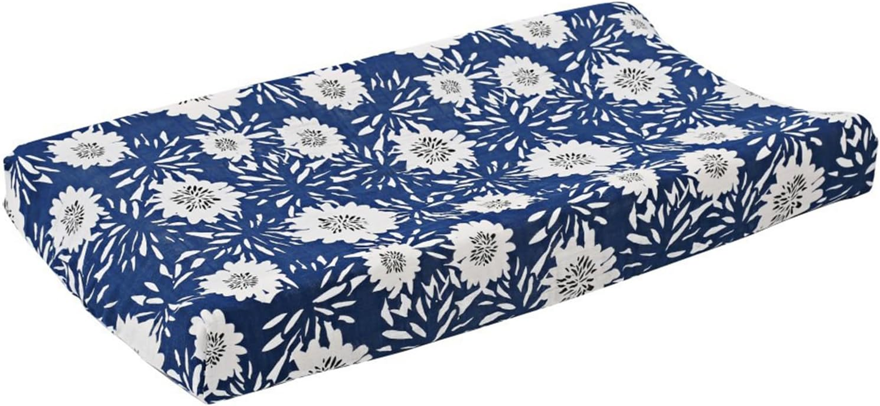 Baby Pad Cover - Soft Cotton Leaves, Breathable Cotton Nursery Leaves | Fitted Changing Table Cover, Stretchy Diaper Changing Pad, Tab Use - Navy Blue Background Flower image number 5