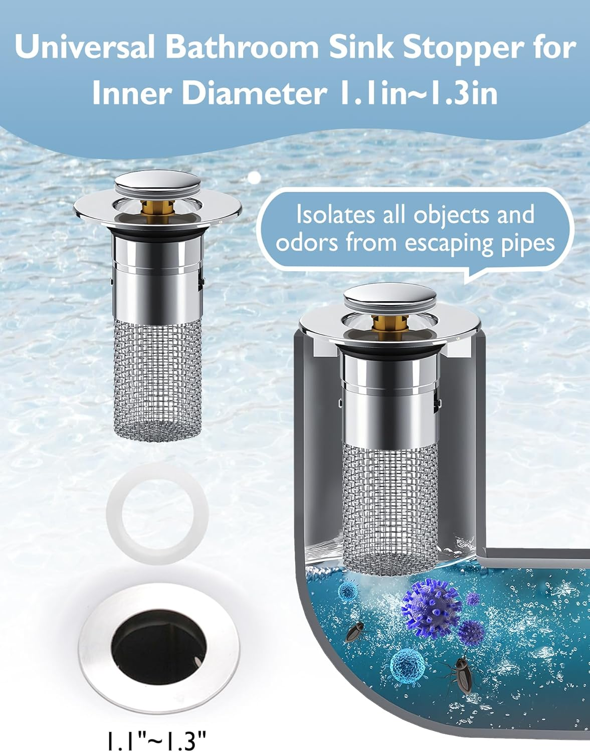 NEAWEALY Sink Strainer Bathroom Sink Plug Sink Drain Filter Pop up Sink Stopper Drain Hair Catcher Anti-Clogging Removable Stainless Steel Basket 1/2Pcs for Bathtub Floor Gutter Washing Basin - Light Silver image number 4