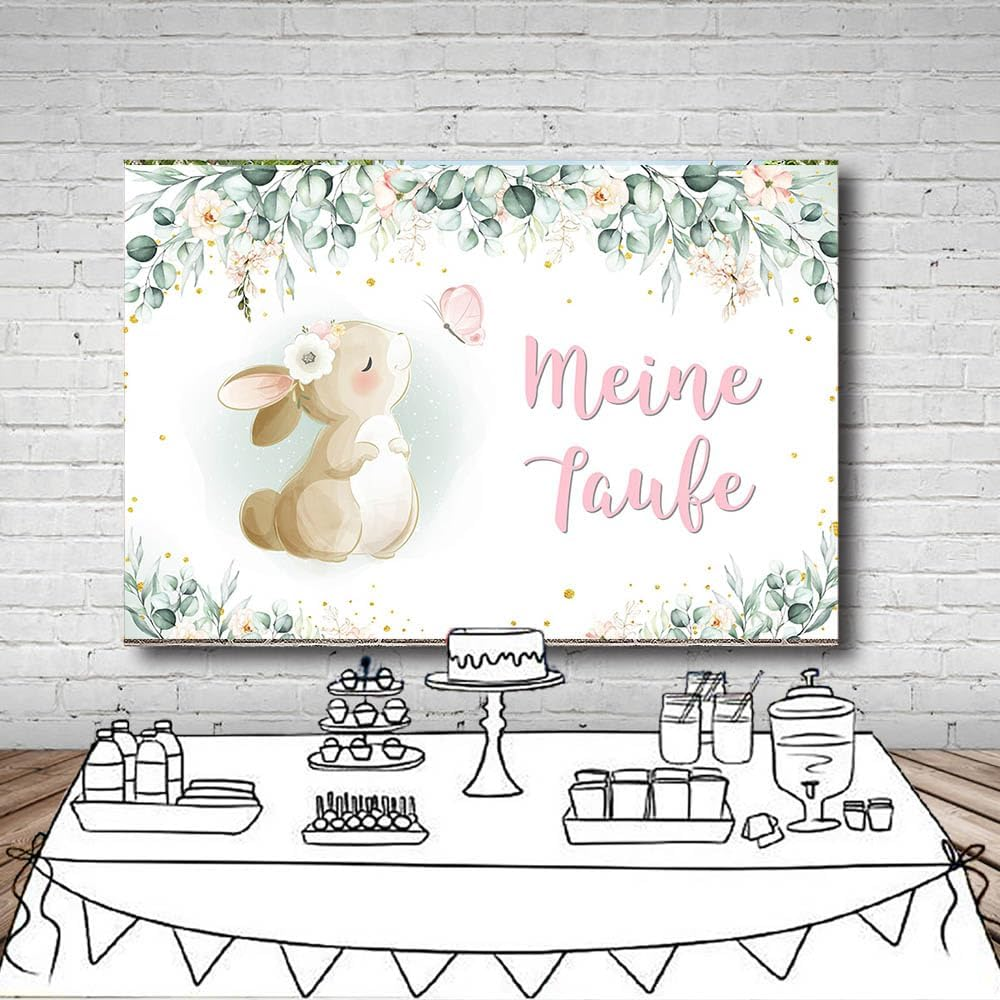 MEHOFOND 2.1 X 1.5 M My Christening Background Rabbit Butterfly Eucalyptus Leaves Flowers Background Boys Girls Newborn Baby Shower First Communion Christening Party Banner Photo Props