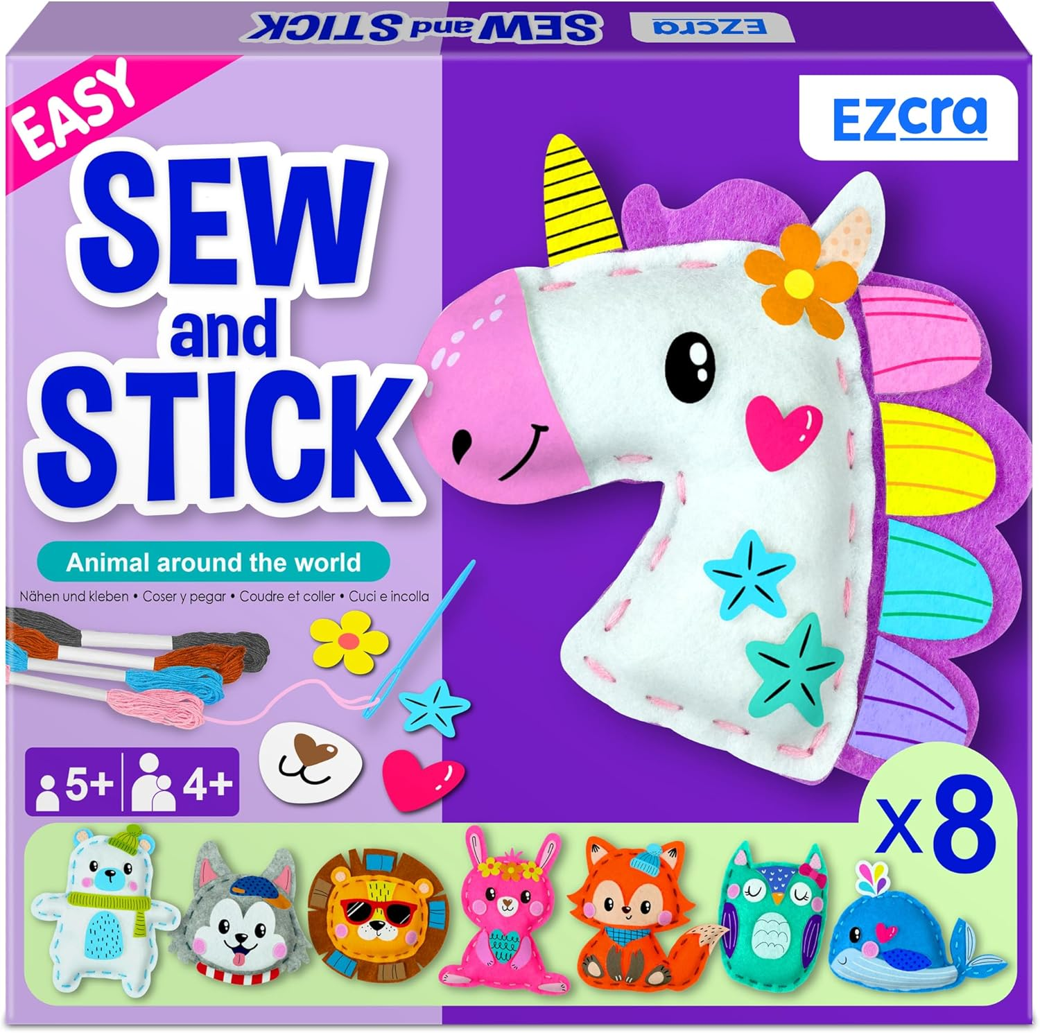 EZCRA Easy Arts and Crafts for Kids - No Mess Sewing Kit for Kids - 8 Easy to Do Animal Sewing Projects - Fun Fabric Stickers - Tools with Instruction - Gifts for Boys and Girls Age 4,5,6,7,8 image number 4