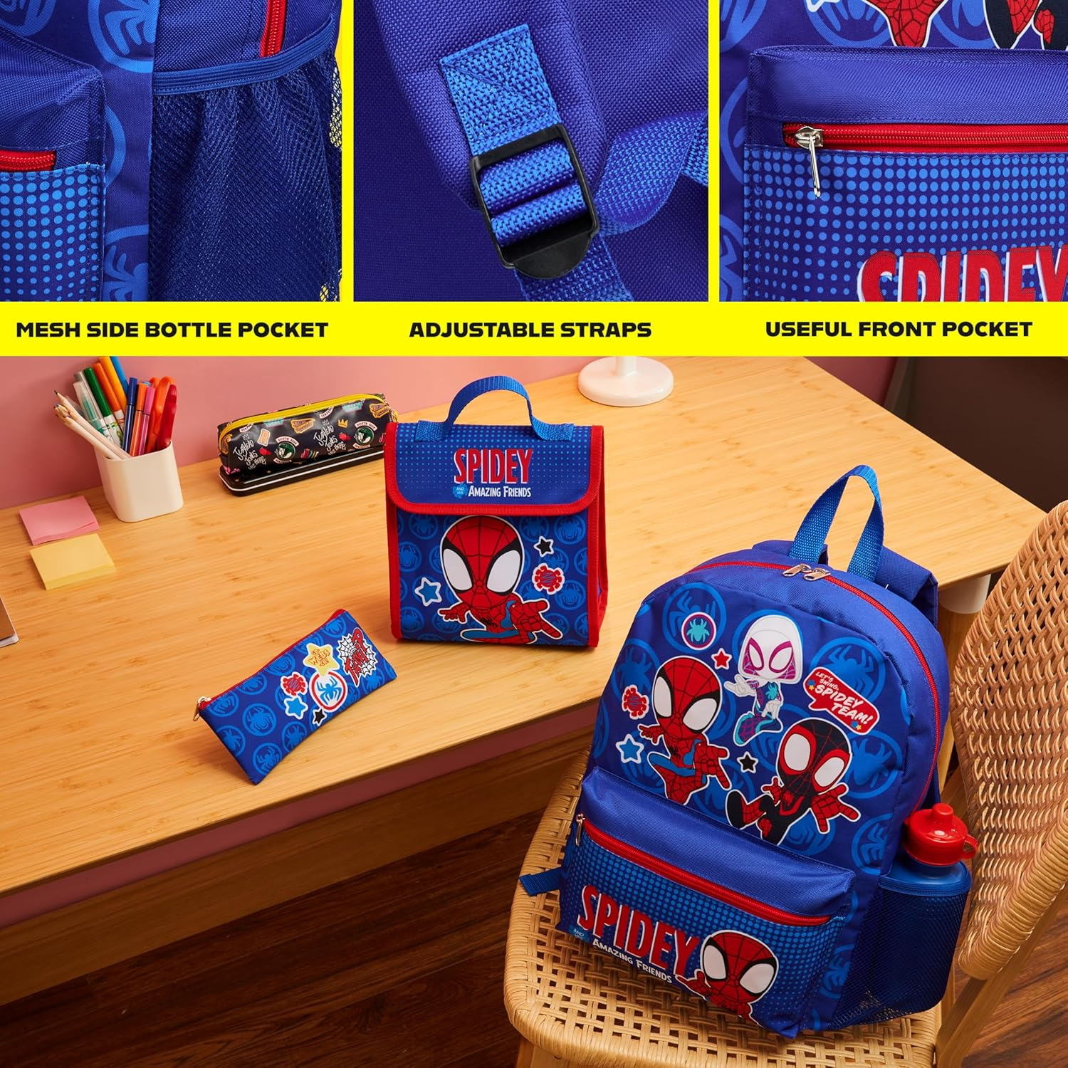 Marvel Spiderman Backpack Set 4 Pcs Water Bottle Pencil Case Lunch Bag or Wallet Keyring Travel School School Supplies, Blue, One Size, Spidey image number 6