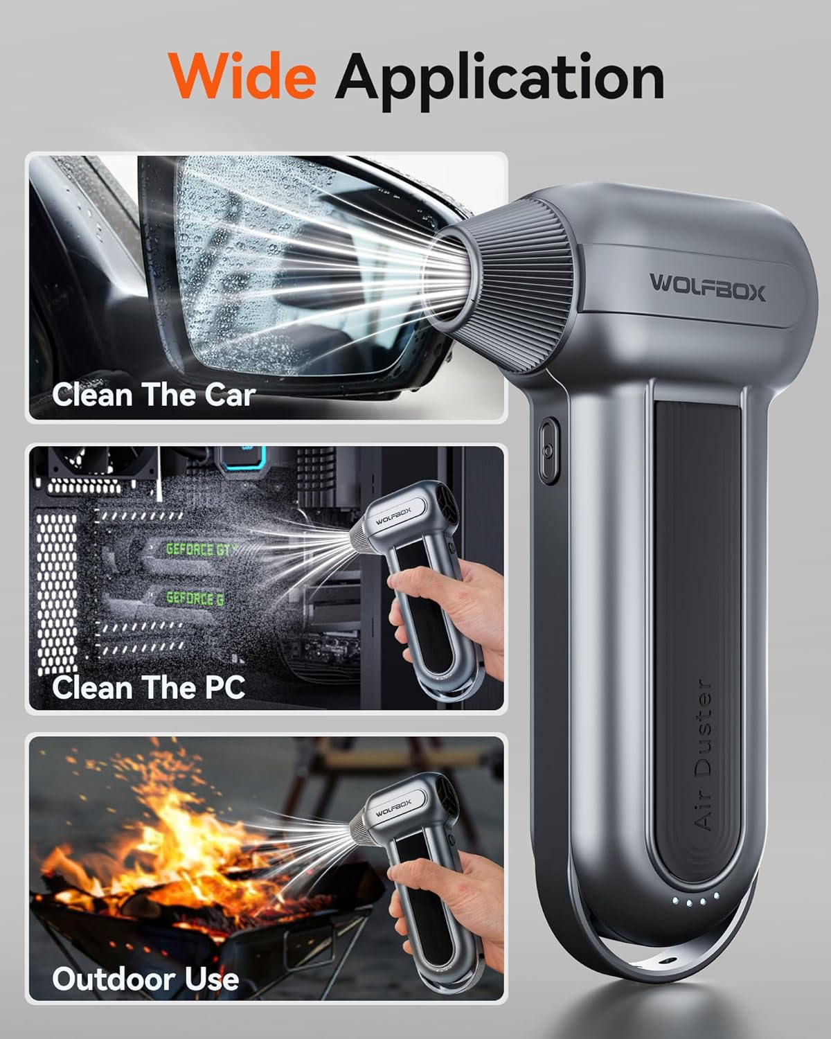 WOLFBOX MF100 Compressed Air Duster-150000Rpm Super Power Electric Air Duster, Rechargeable Long-Life Air Blower, Cordless 3-Gear Adjustable Mini Blower for Computer, Keyboard, Outdoors, Snow and Car image number 3