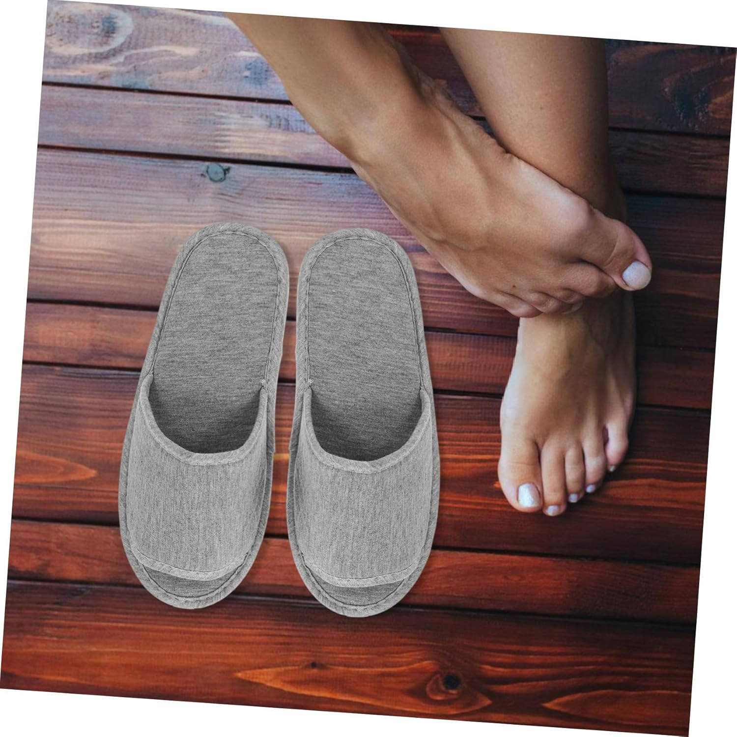 TOPPERFUN Lightweight Folding Travel Slippers for Business Trips and Home Use EVA Portable Open Toe Slippers Soft Knitted Cotton Space Saving Grey Footwear for Hotel and Plane image number 5