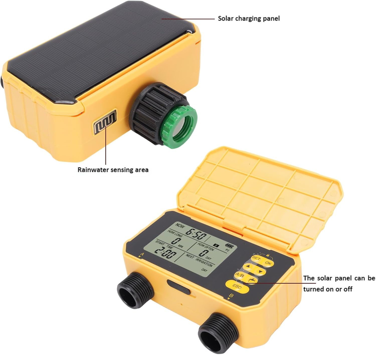 Solar Powered Sprinkler Timer with Rain Delay - Dual Zone Smart Irrigation Controller for Garden, Programmable Outdoor Watering System with Type-C Charging & Filter image number 4