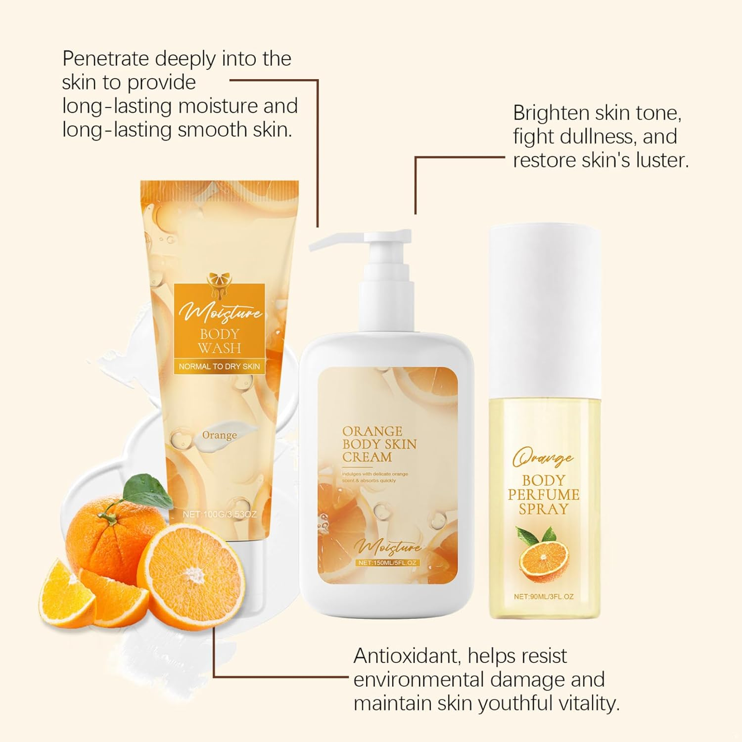 Moggemol Sweet Orange 3 Piece Body Care Collection Moisturizing Shower Wash Smoothing Body Cream Refreshing Fragrance Daily Use Orange One Size image number 3