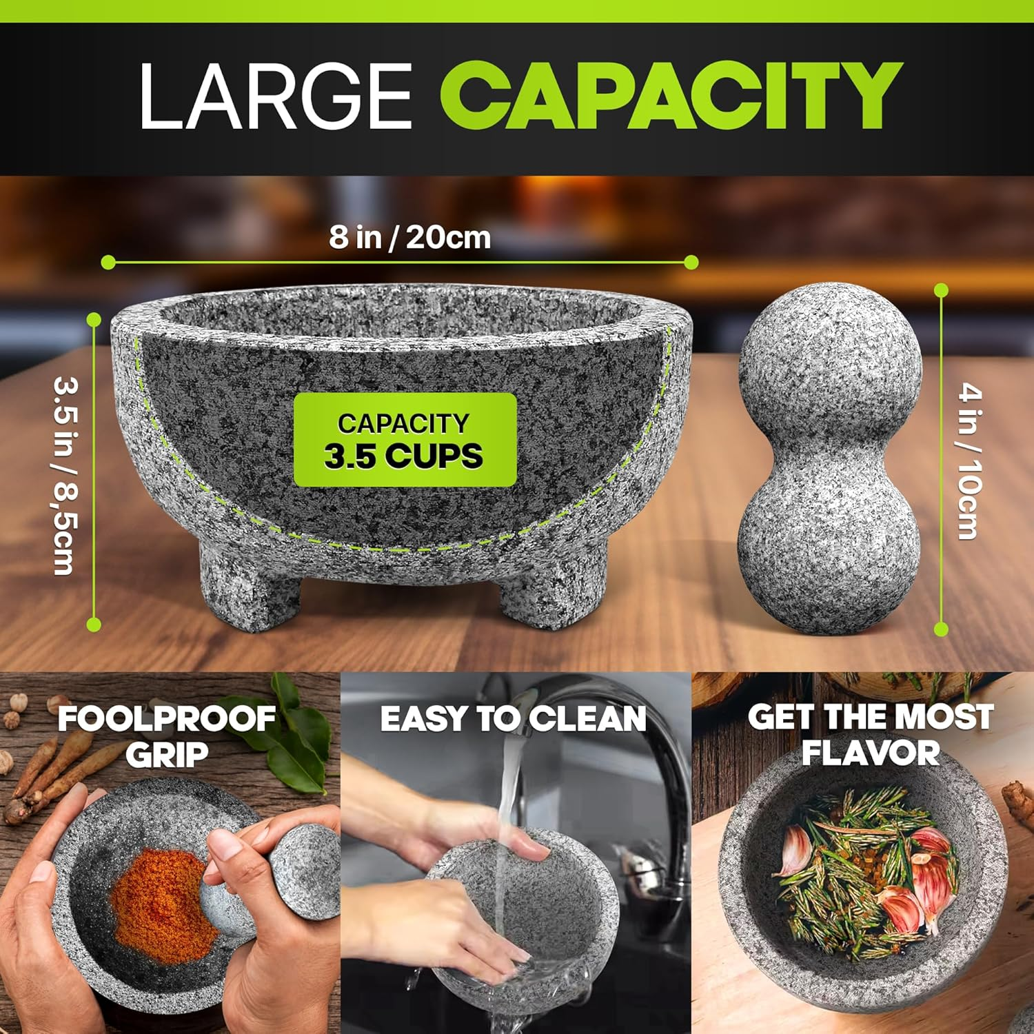 Granite Mortar and Pestle Set Guacamole Bowl Molcajete 8 Inch - Natural Stone Grinder for Spices, Seasonings, Pastes, Pestos and Guacamole - Extra Bonus Avocado Tool Included image number 2