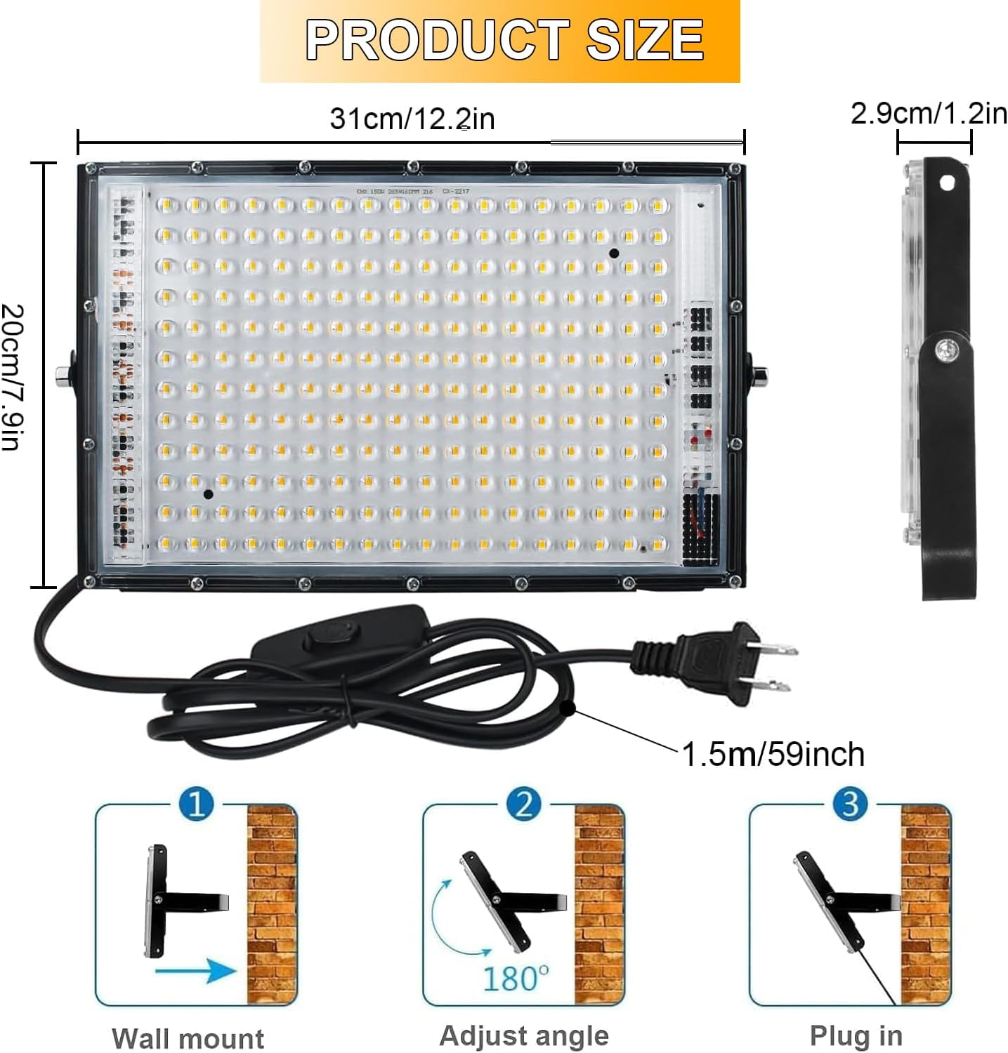 2 Pack 150W LED Flood Light 240V, CREATESTAR 15000Lm 3000K Warm White Plug in Flood Light, Outdoor Indoor Floodlight Fixture Landscape Security Floodlights Spotlight for Yard, Garden, Garage, Rooftop image number 6