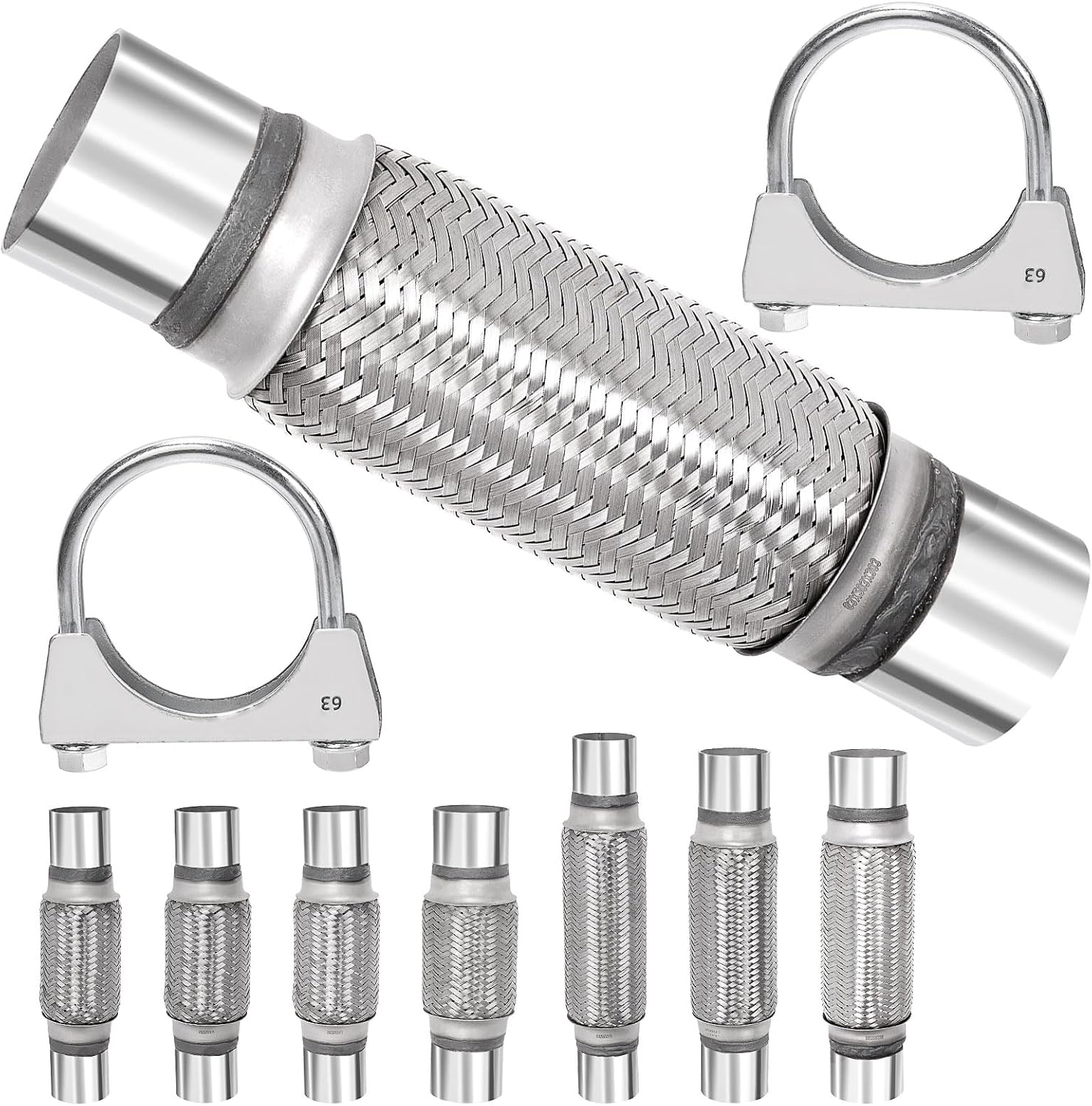 Swpeet 3Pcs 2.5 X 7.9 Inches Exhaust Flex Pipe with 2.5 Inches Exhaust U Clamp Kit, Universal Type Stainless Steel Double Braid Zinc Pipes Exhaust Flex Tube Ideal for Heavy Duty and Cars