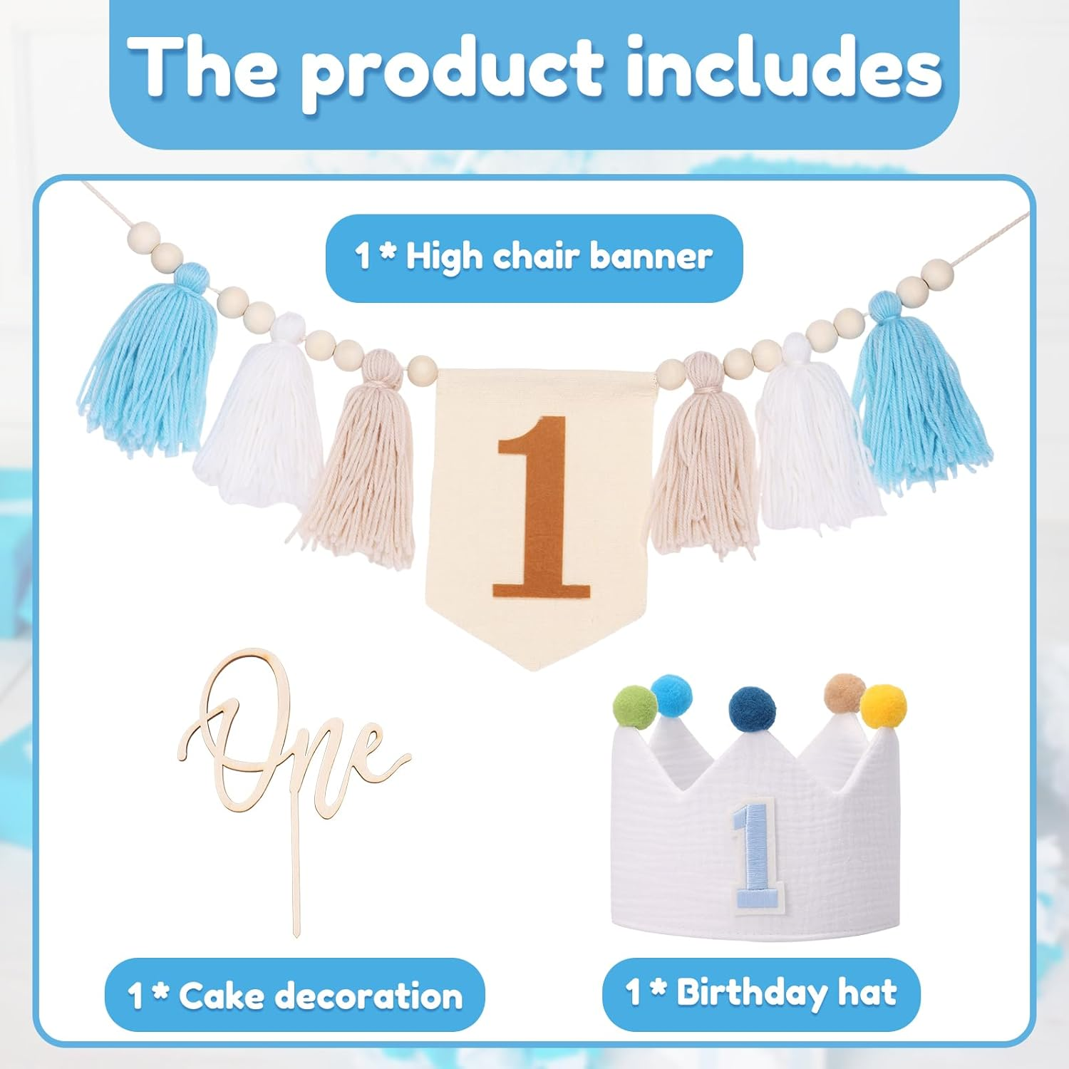 DJAPWPX 3 Pcs Baby First Birthday Party Decorations, Includes High Chair Banner Crown Hat and Cake Topper, Unique 1St Birthday Decorations for Baby Girls and Boys (Blue) - Blue+Pink image number 5