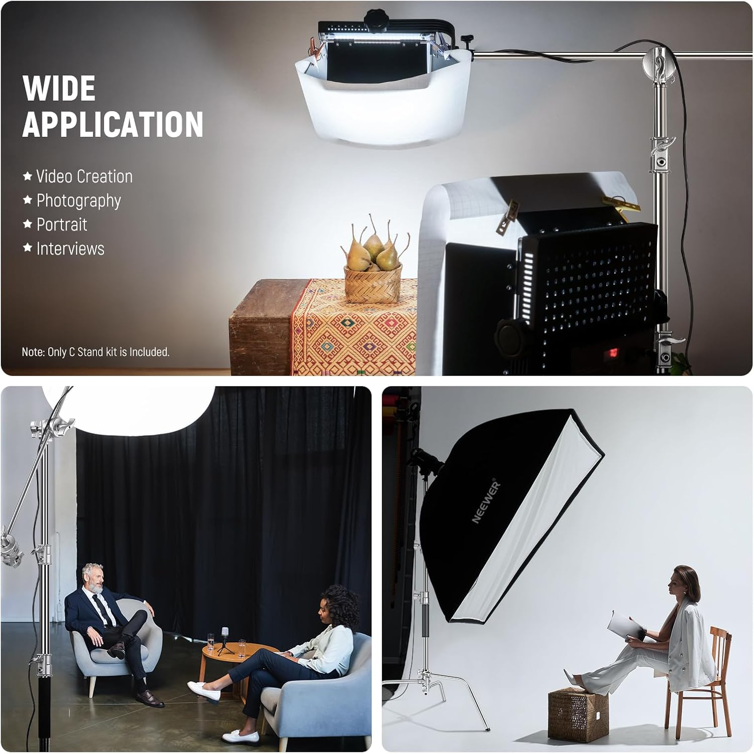 NEEWER Pro 100% Stainless Steel Heavy Duty C Stand with Boom Arm, Max Height 68"/172Cm Photography Light Stand with 2.7Ft/83Cm Holding Arm, 2 Grip Head for Studio Monolight, Softbox, Reflector, SC172