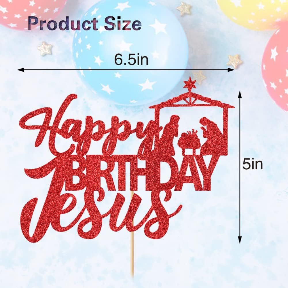 Happy Birthday Jesus Cake Topper Red Glitter Jesus Birthday Cake Decorations Good Friday Cake Decoration Easter Party Decorations Christmas Party Decoration Supplies image number 3