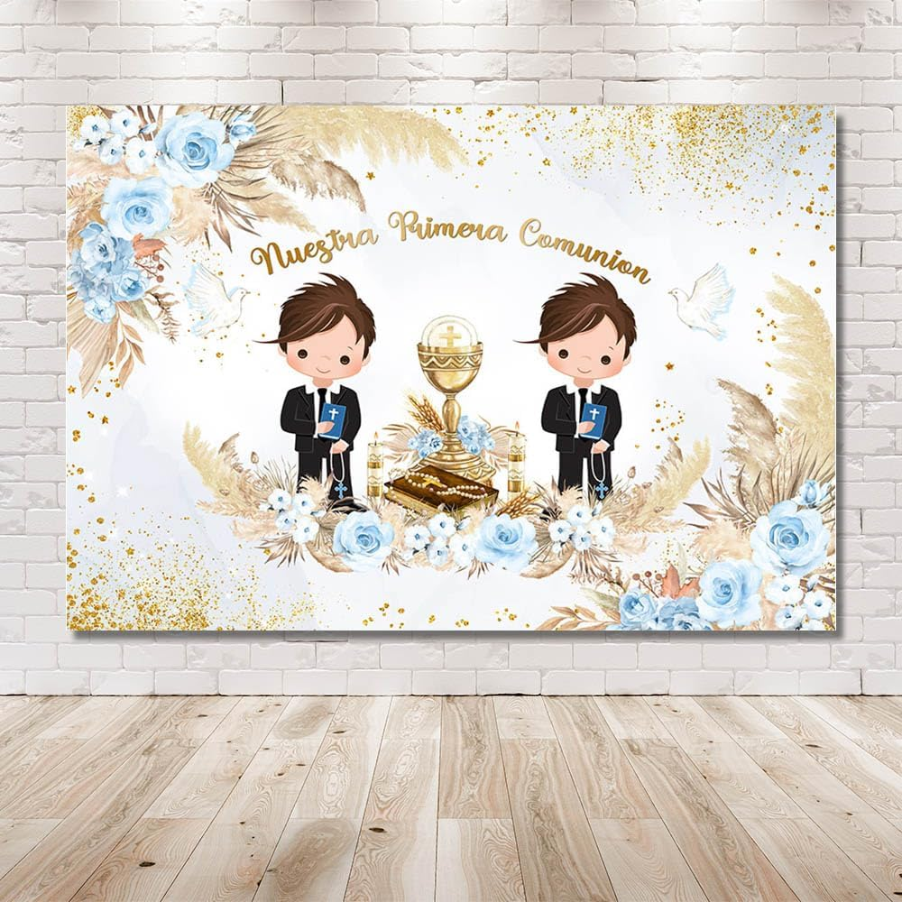 MEHOFOND 2.1 X 1.5 M Background of Boys Twins Christening Our First Communion Bohemian Flower Panther Grass Golden Dot Photography Background Cross Dove Christening Party Decoration Banner Props image number 2