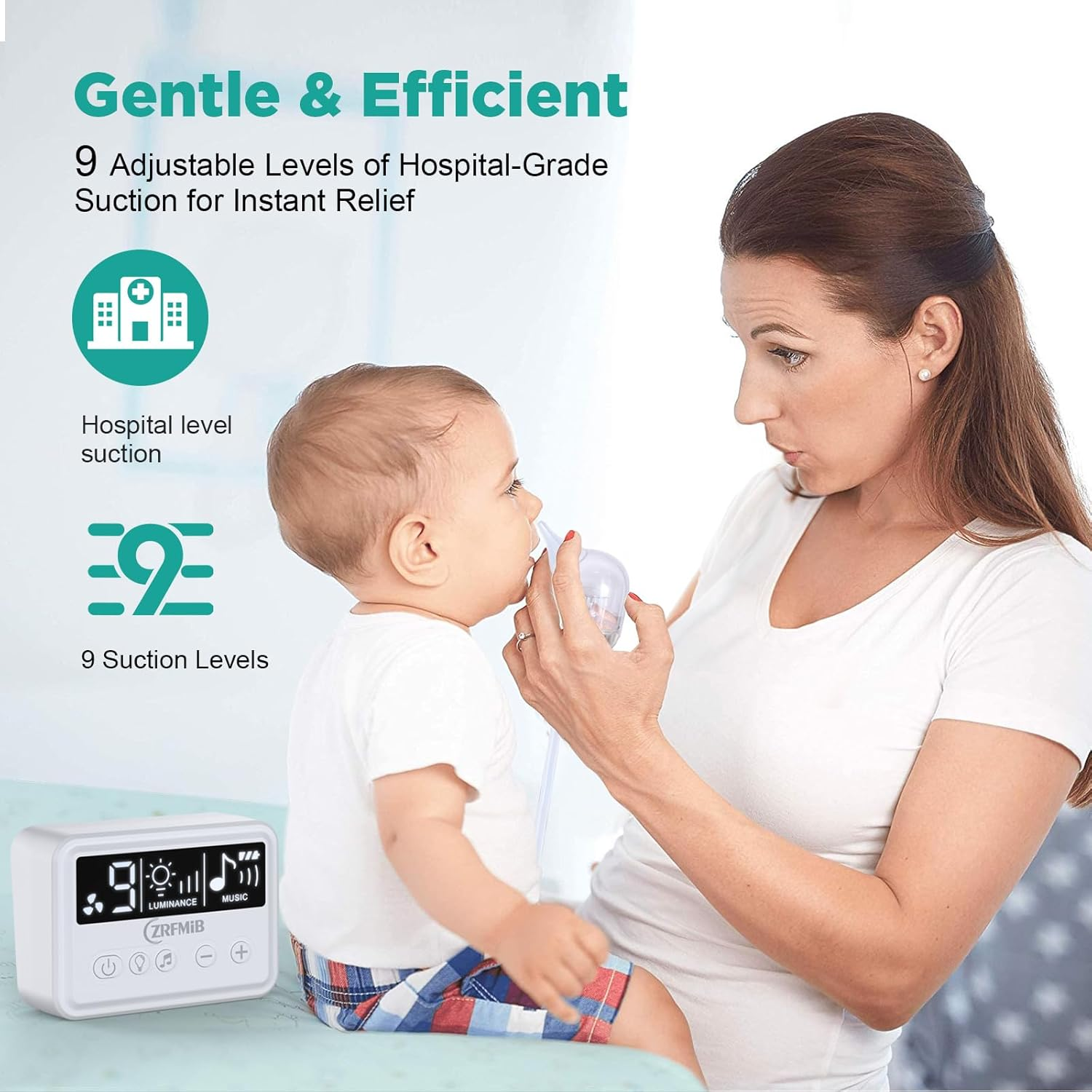 Zrfmib Electric Nasal Aspirator for Baby with 9 Level Suction, Hospital Grade Baby Nose Sucker, Nursery Rhyme and Night Light Soothing, Safe for Infants and Toddlers, White image number 4