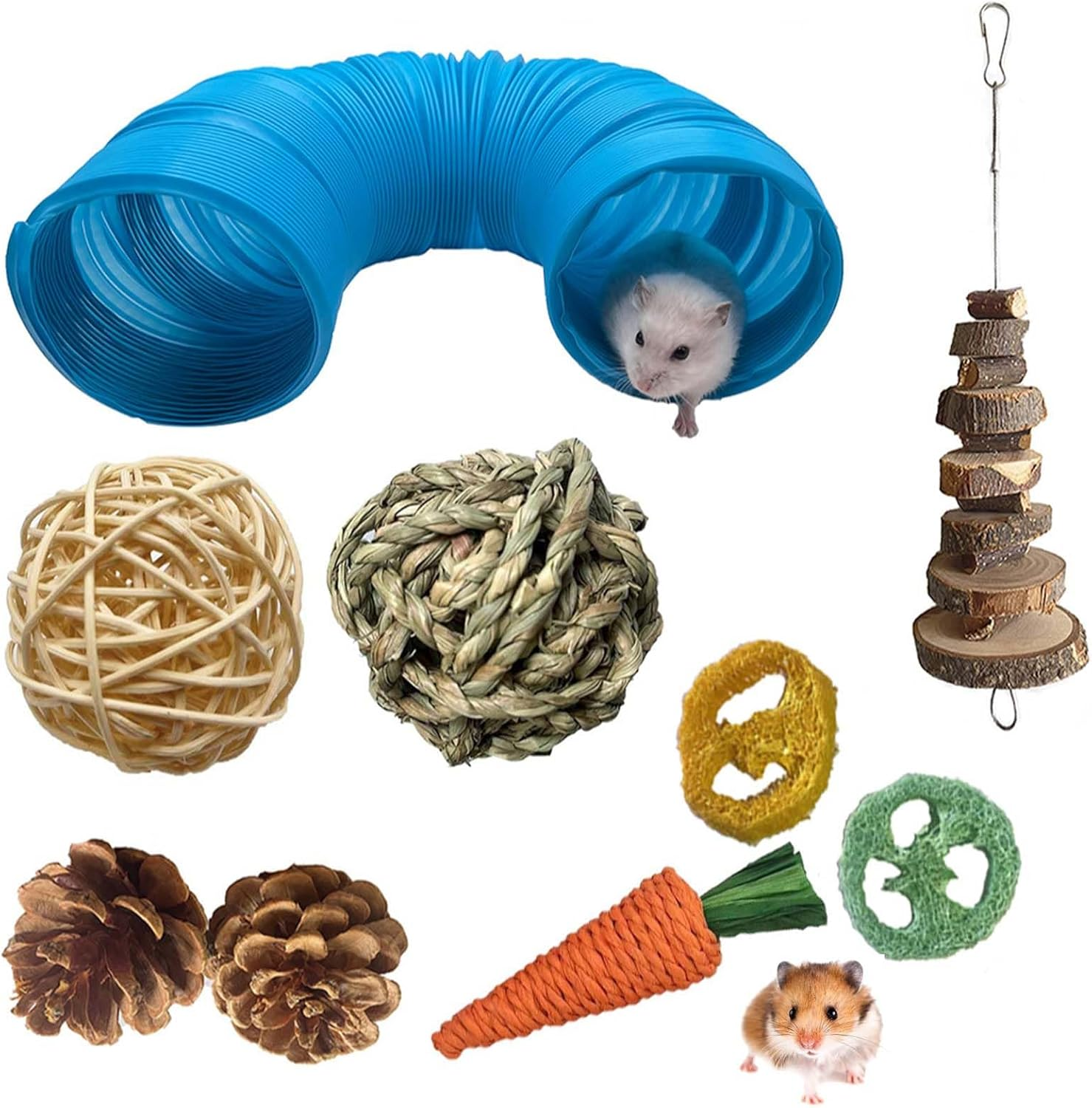 SUSOO 9Pcs Hamster Toys Set with Safe Natural Chew Toys and Extendable Play Tunnel, Rodents Teeth Care for Hedgehog, Rat, Chinchillas,Guinea Pig, Foraging Toy for Small Animal Cage Accessories image number 1