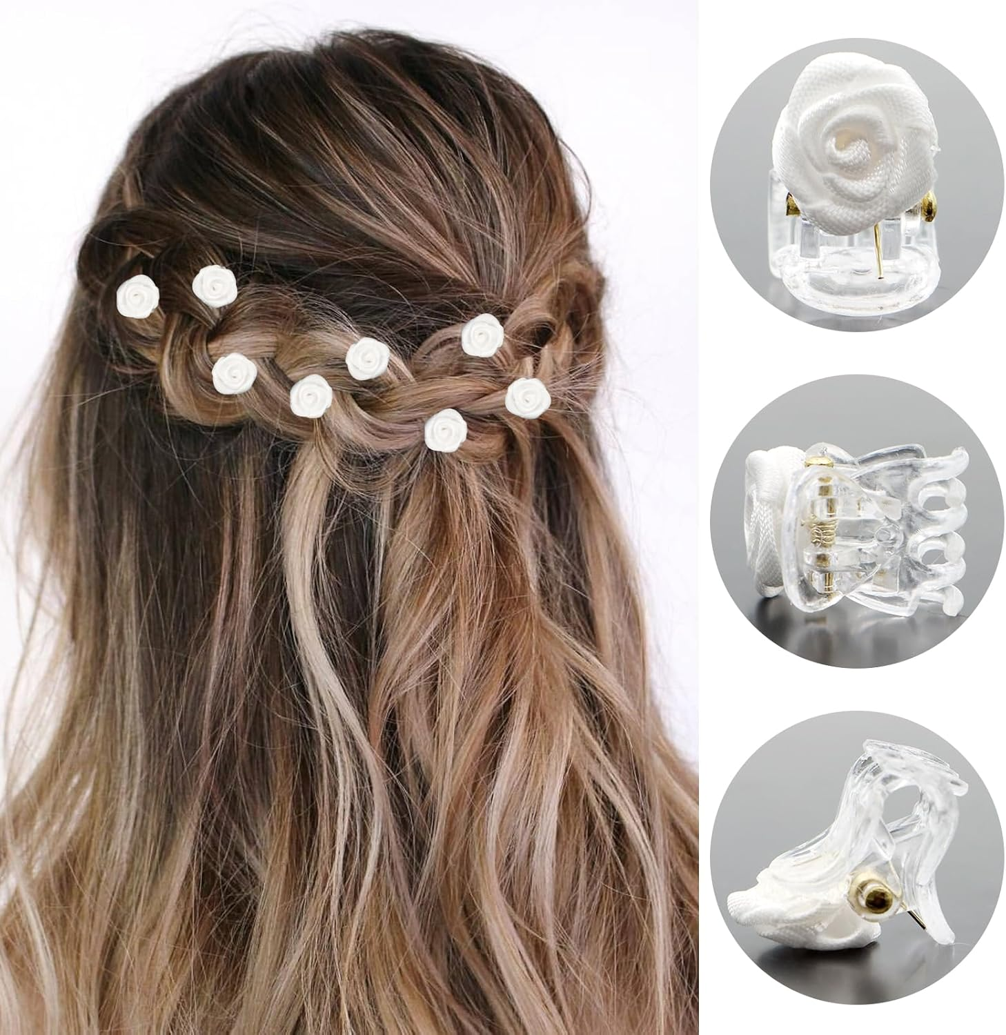 VEGCOO Hair Clips with Rose Petals, Pack of 15 Beige Rose Petals Hair Clips Elegant Small Flowers Hair Clips for Wedding Hair Accessories for Women and Girls image number 3