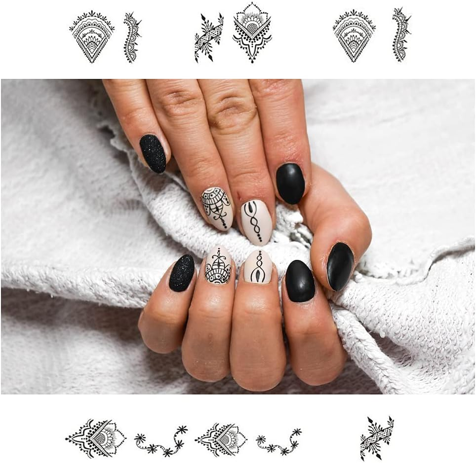 13 Sheets Black Nail Stickers Boho Retro Nail Decals Black Nail Tattoos Water Transfer Nail Decals Nails Supply Necklace Jewelry Feather Nail Design for Women Nail Art DIY Decoration image number 3