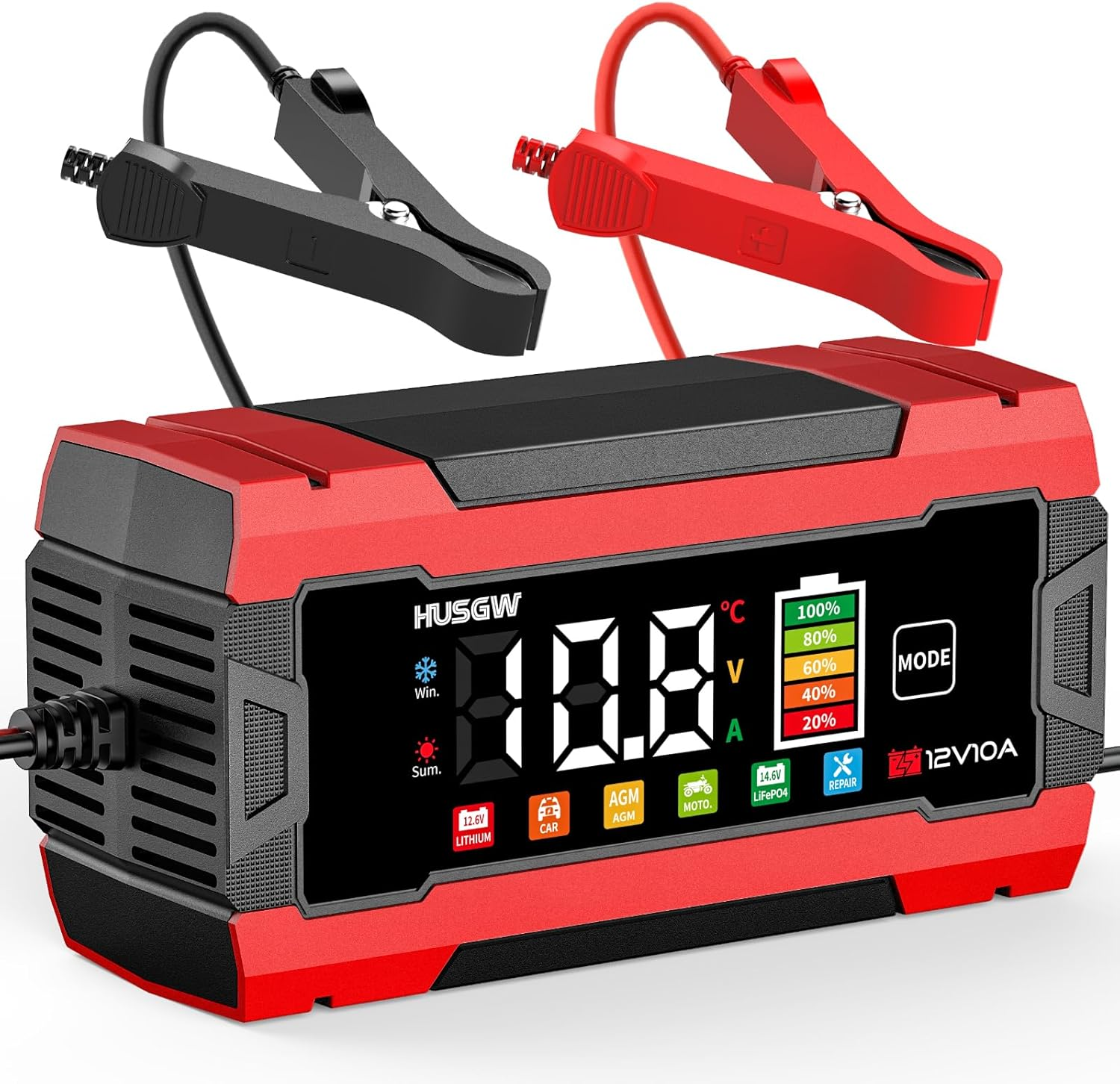 10-Amp Car Battery Charger, 12V/10A Smart Battery Charger Automotive Battery Maintainer with Pulse Repair, Trickle Charger for Car Truck Motorcycle Lawn Mower Boat (Red,Black) image number 6