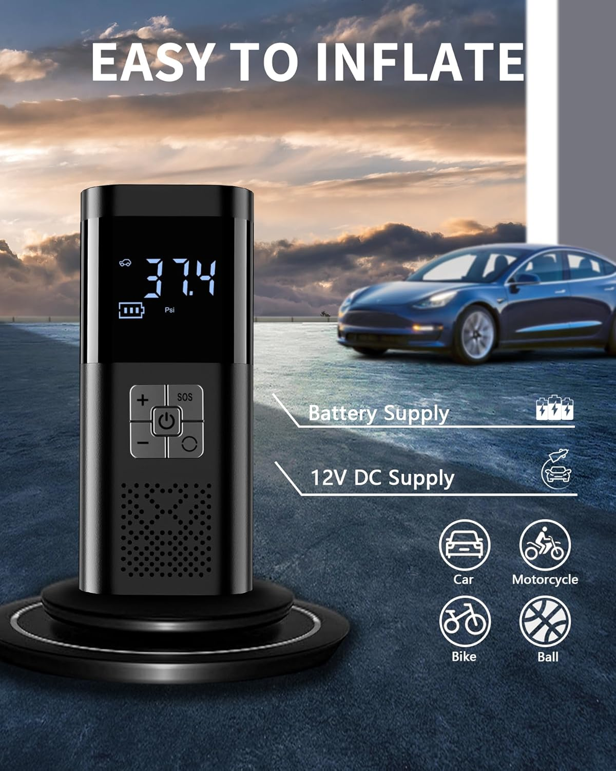 TEMOLA Portable 150PSI Cordless Black Tire Inflator, TN10, 12V DC Air Pump with Pressure Gauge, for Car, Motorcycle, Bicycle Tires image number 4