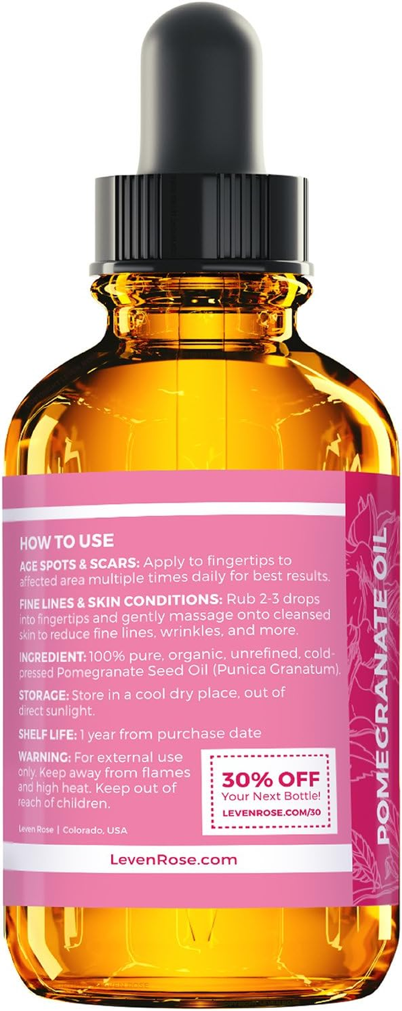 Leven Rose Pomegranate Seed Oil, 100% Pure Unrefined Cold Pressed Antioxidant Moisturizer for Hair Skin and Nails 1 Oz