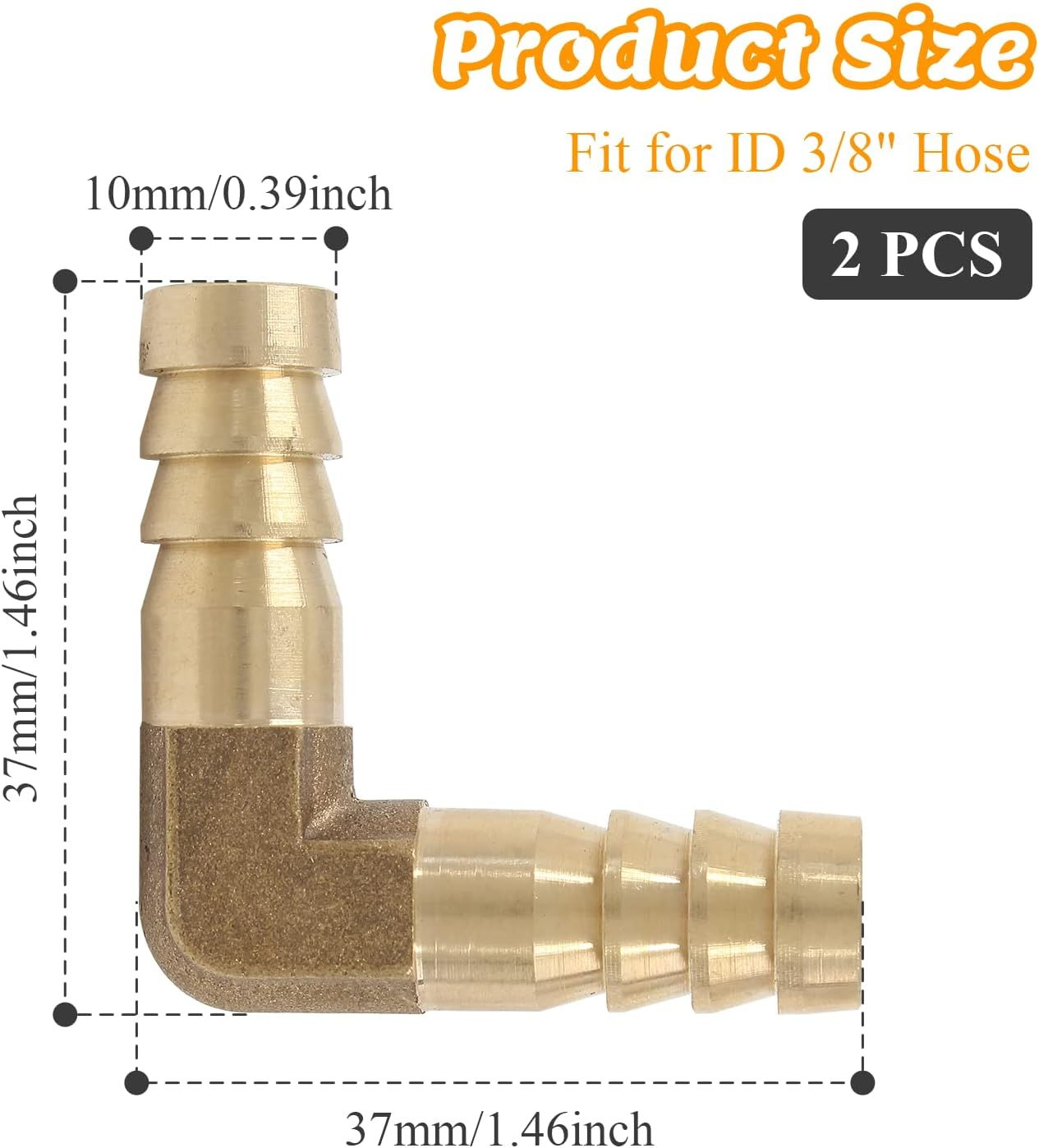 2Pcs 3/8 Inch Brass Hose Barb Elbow 90 Degree L Right Angle Elbow 10Mm Hose ID Barb Reducer Union Water/Fuel/Air image number 1