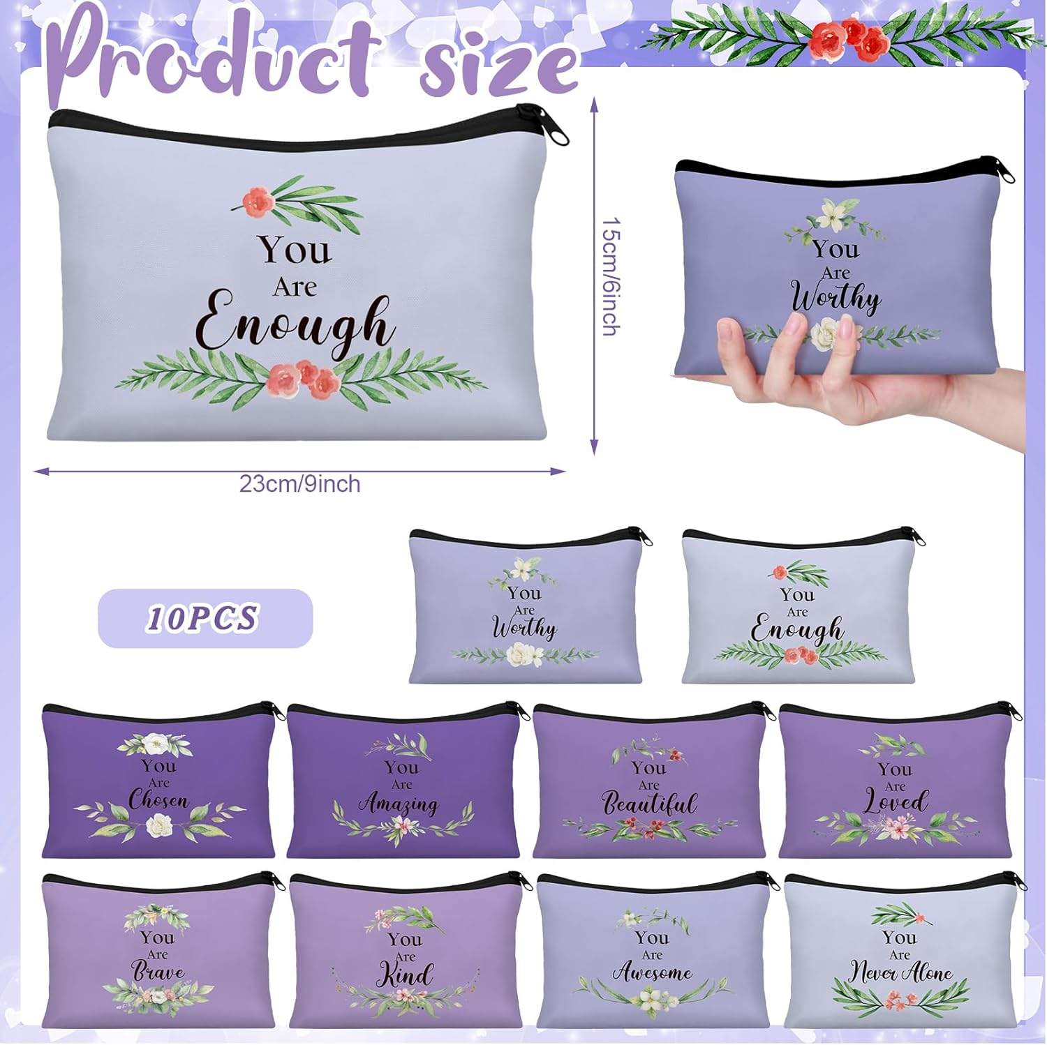 Hillban 10 Pcs Inspirational Makeup Bags for Women Bulk Cosmetic Bags Christian Bible Verse Cosmetic Pouch for Valentine'S Day Galentine'S Day Gift Religious Church Travel Pouch(Flower,Purple) - Beige image number 3