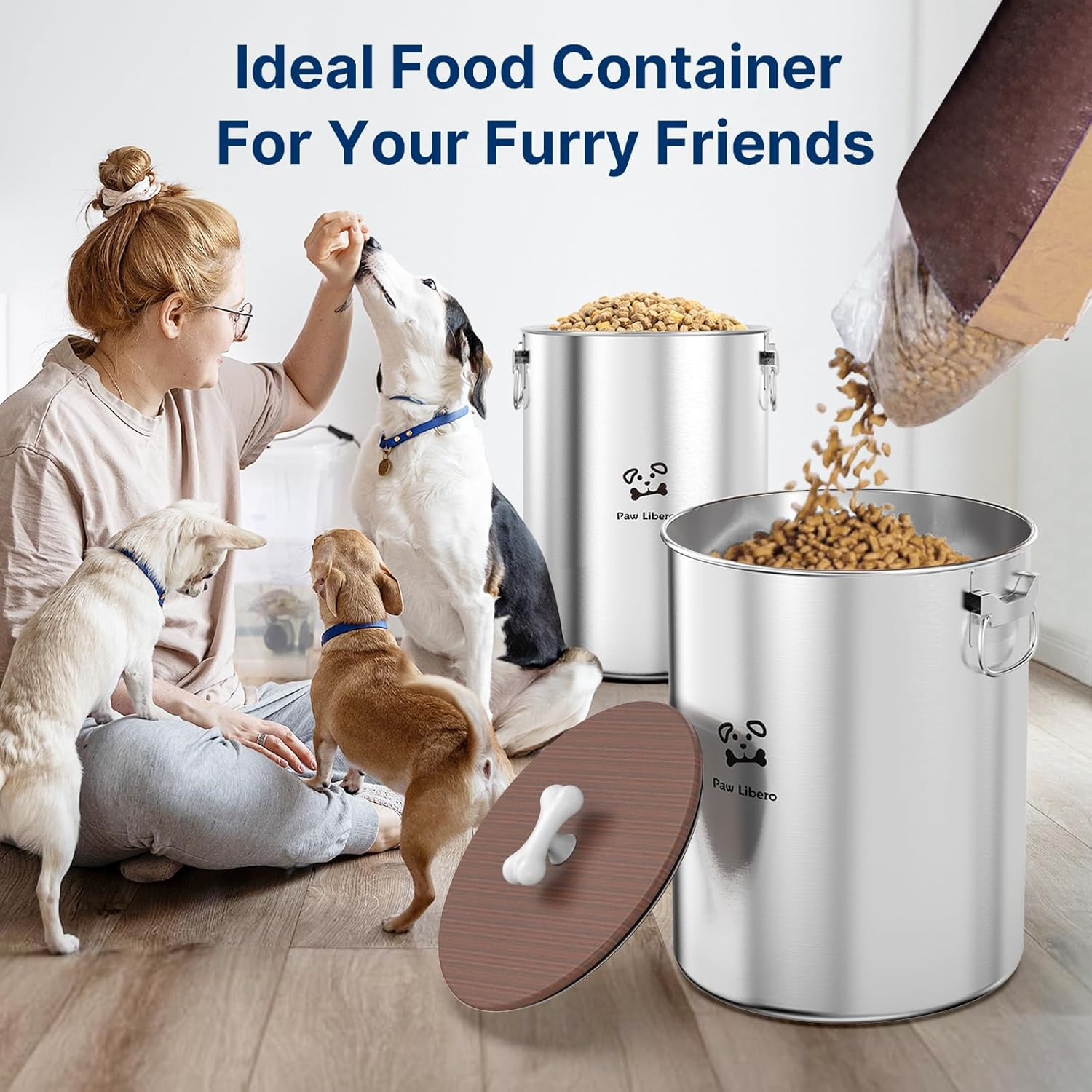 2PK 25 Lbs Total 50 Lbs Stainless Steel Dog Food Storage Container with Airtight Wooden Lid & Ceramic Bone Handle, Large Metal Dog Food Bin for Dogs & Cats, Keep Fresh, Easy to Clean image number 4