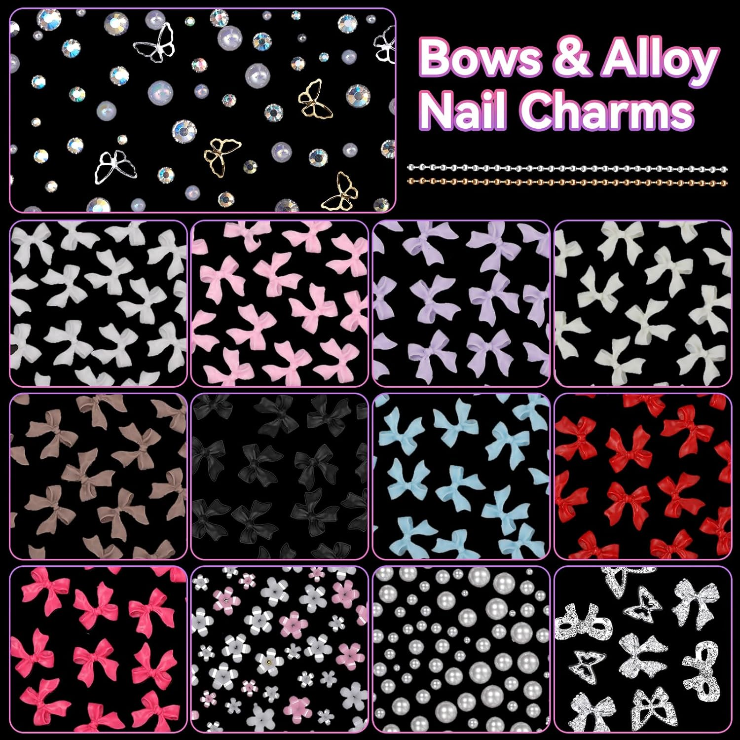 2 Boxes Mixed 3D Nail Charms and Rhinetones, Color Flower Bow Nail Art Charms, Half round Pearl Flatback AB Nail Gems, Butterfly Alloy Nail Charms DIY Nail Art Supplies Accessories