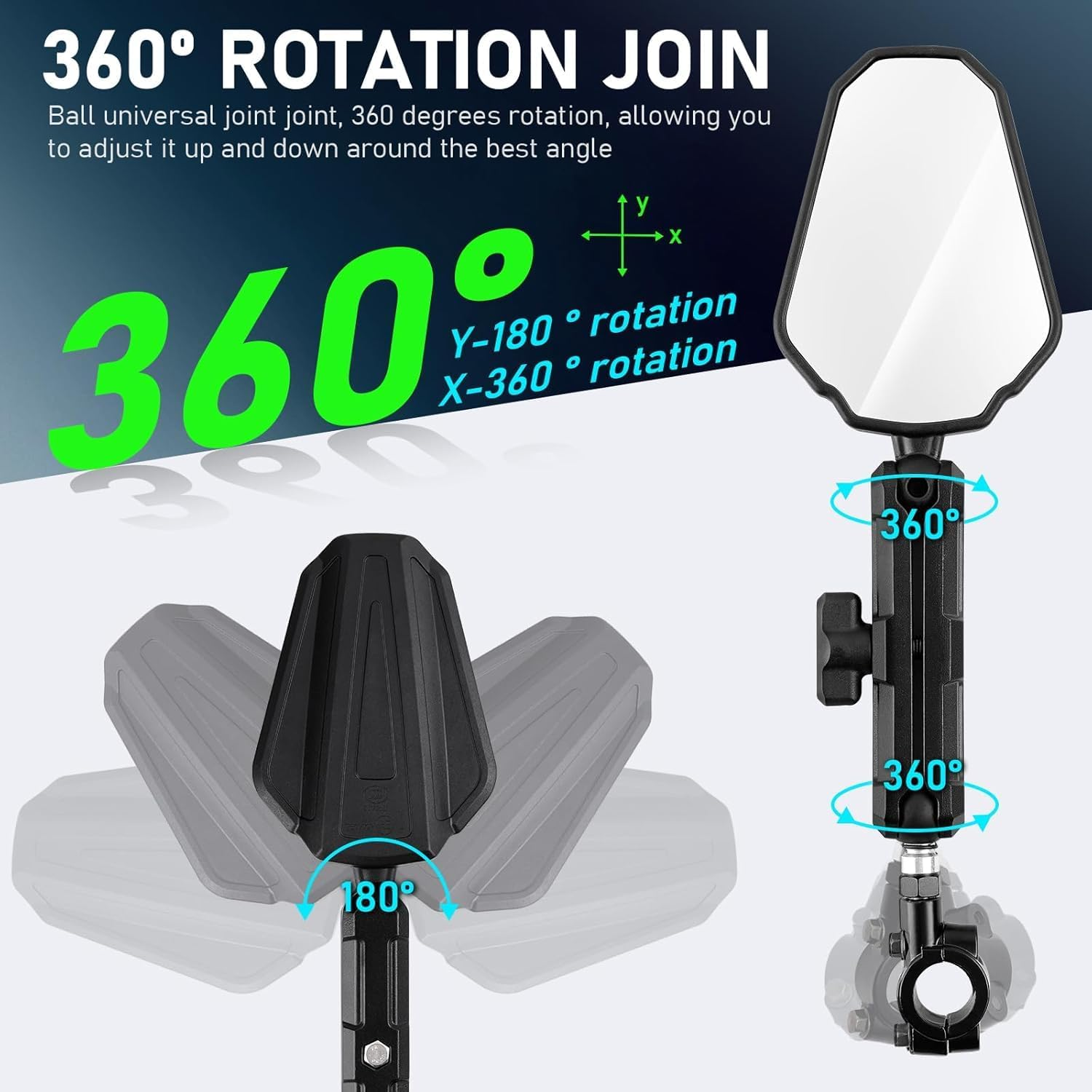 Universal Motorcycle Mirror, Upgraded 2X Motorbike Side Mirror Set, Adjustable Double Roller ATV Mirror, Universal 7/8" Handlebar Rear View Mirrors, for Street Bikes Cruisers Moped Dirt Bike (Black) ﻿ image number 2