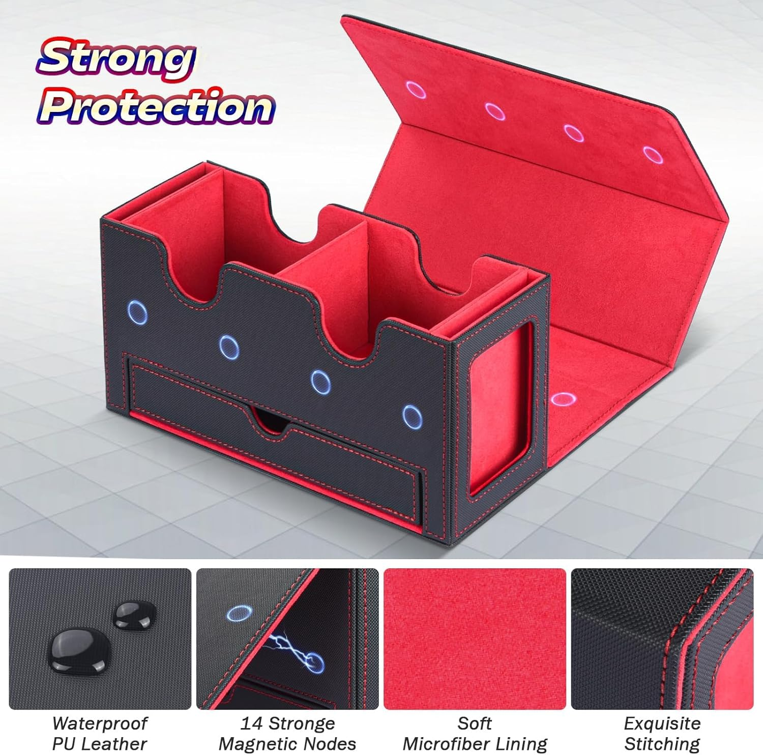 MTG Deck Box with 2 Commander Displays & Dice Tray, Fits 320+ Single Sleeved Cards, Trading Card Storage with 4 Dividers & 35Pt Card Brick for Magic, TCG, and Collectible Cards (Red)