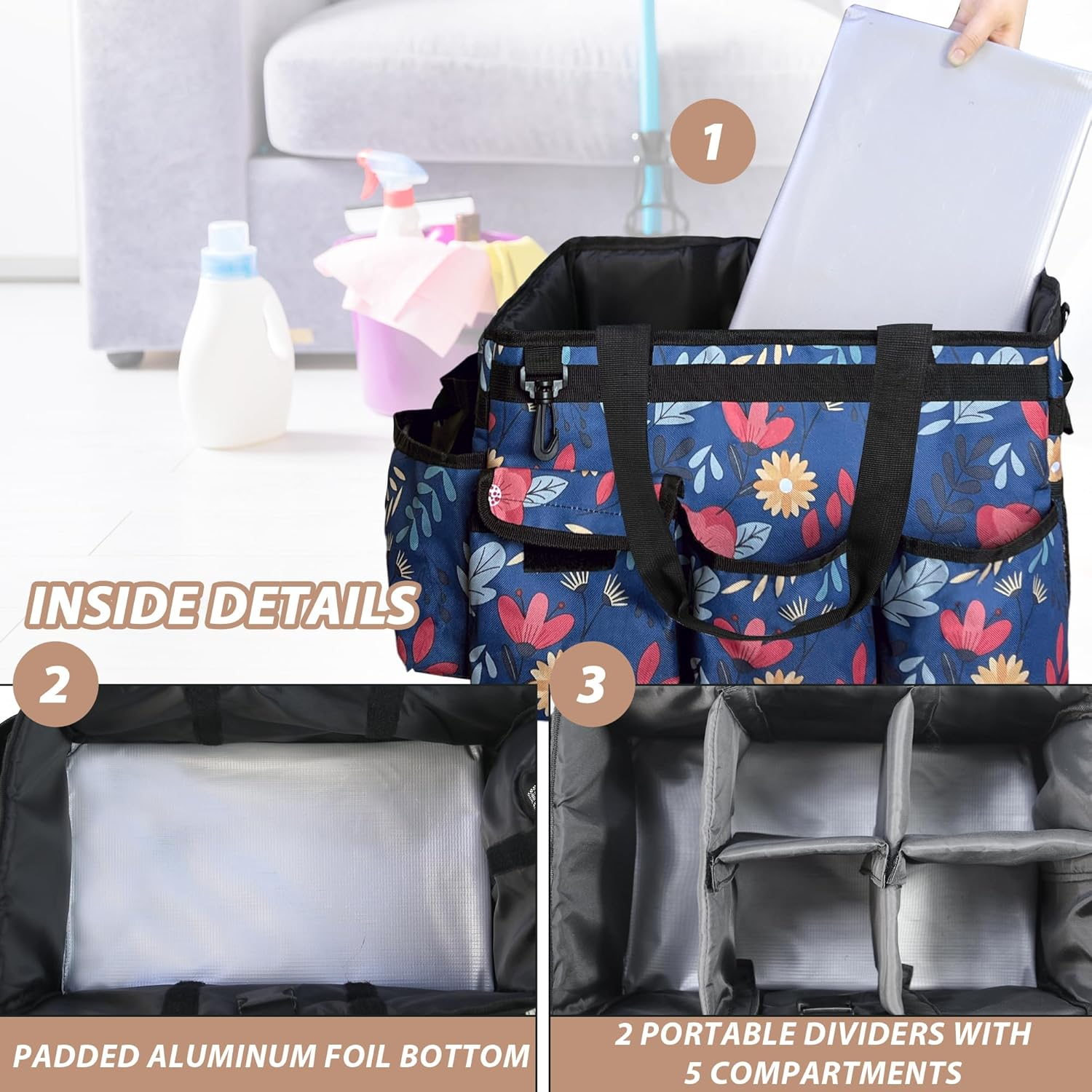 Cleaning Caddy Bag, Cleaning Caddy Organiser with Handle, Large Caddy Bag for Home, Car and Bathroom, Cleaning Supplies, Household Handbag with Adjustable Shoulder Straps (Blue) image number 1