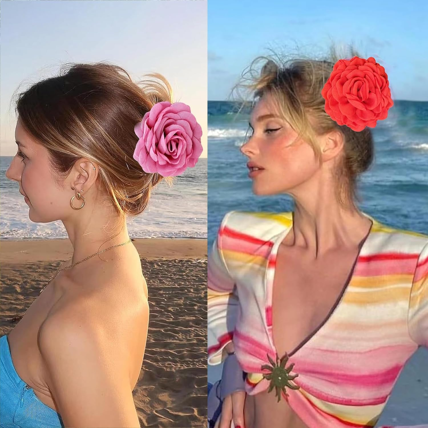 ASOMI 2 Pack Large Hair Clips with Hawaiian Roses Floral Hair Clips for Women and Girls, Thin Hair, Blooming Rose Claw Clips, Non-Slip (Rose Red, Red) image number 6