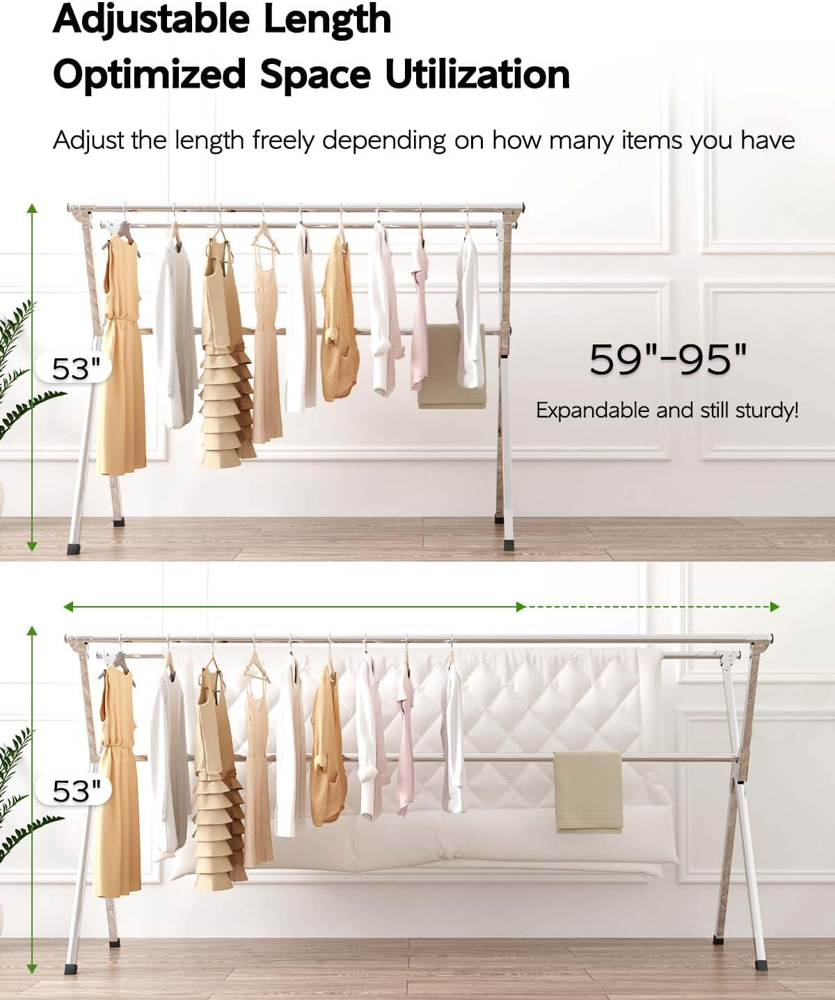 VIKAQI Clothes Drying Rack 95 Inches Folding Outdoor Indoor, Drying Rack Clothing Collapsible, Foldable Laundry Rack, Heavy Duty Stainless Steel Clothesline, 20 Hooks 12 Clips