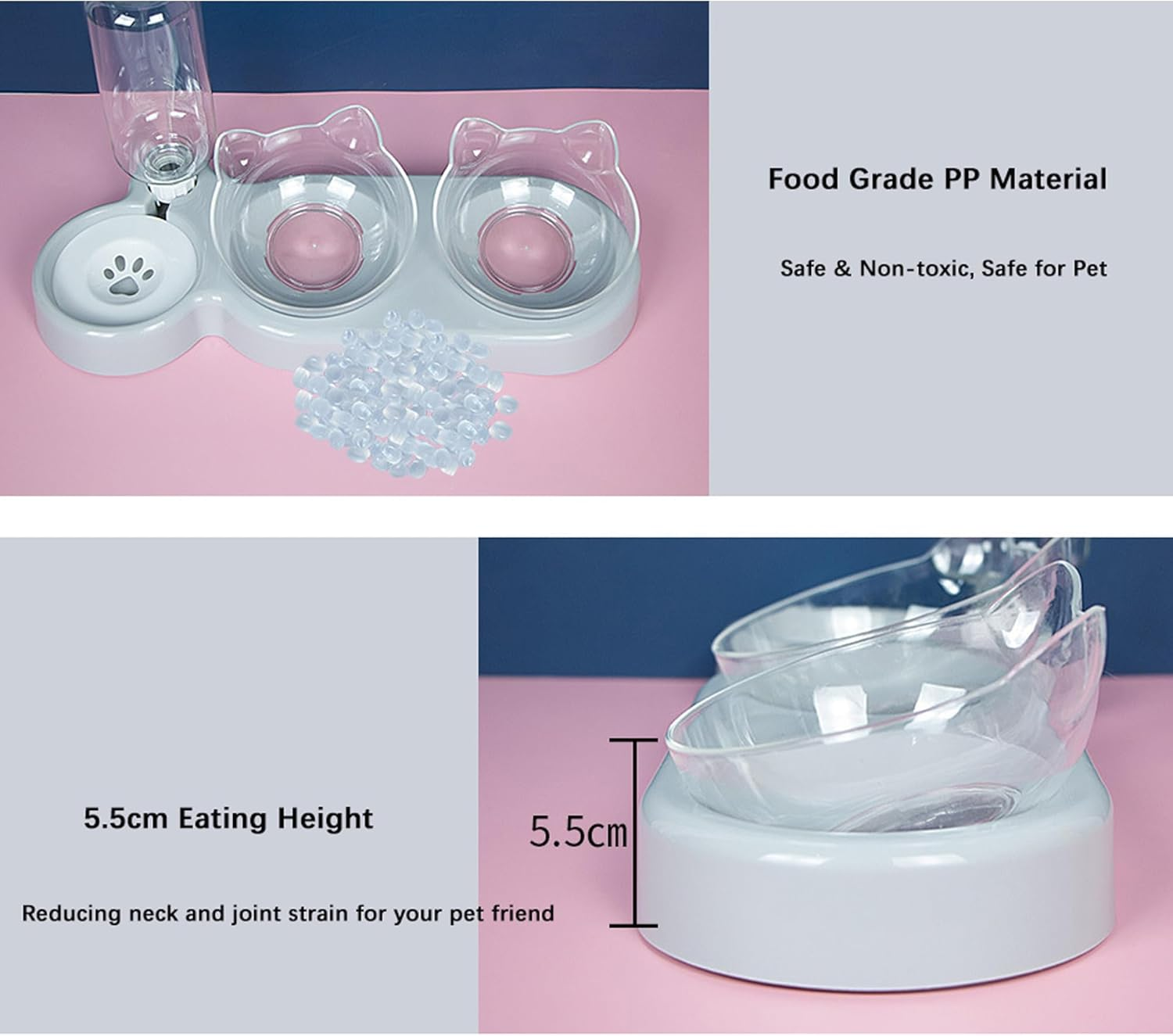 3-In-1 Cat Food Bowl Set, Cat Food Bowls, Detachable Bowls for Cat Dog, Double Cat Bowls with Automatic Water Dispenser, Anti-Spill Feeder with Stand for Small Medium Dogs Cats image number 4