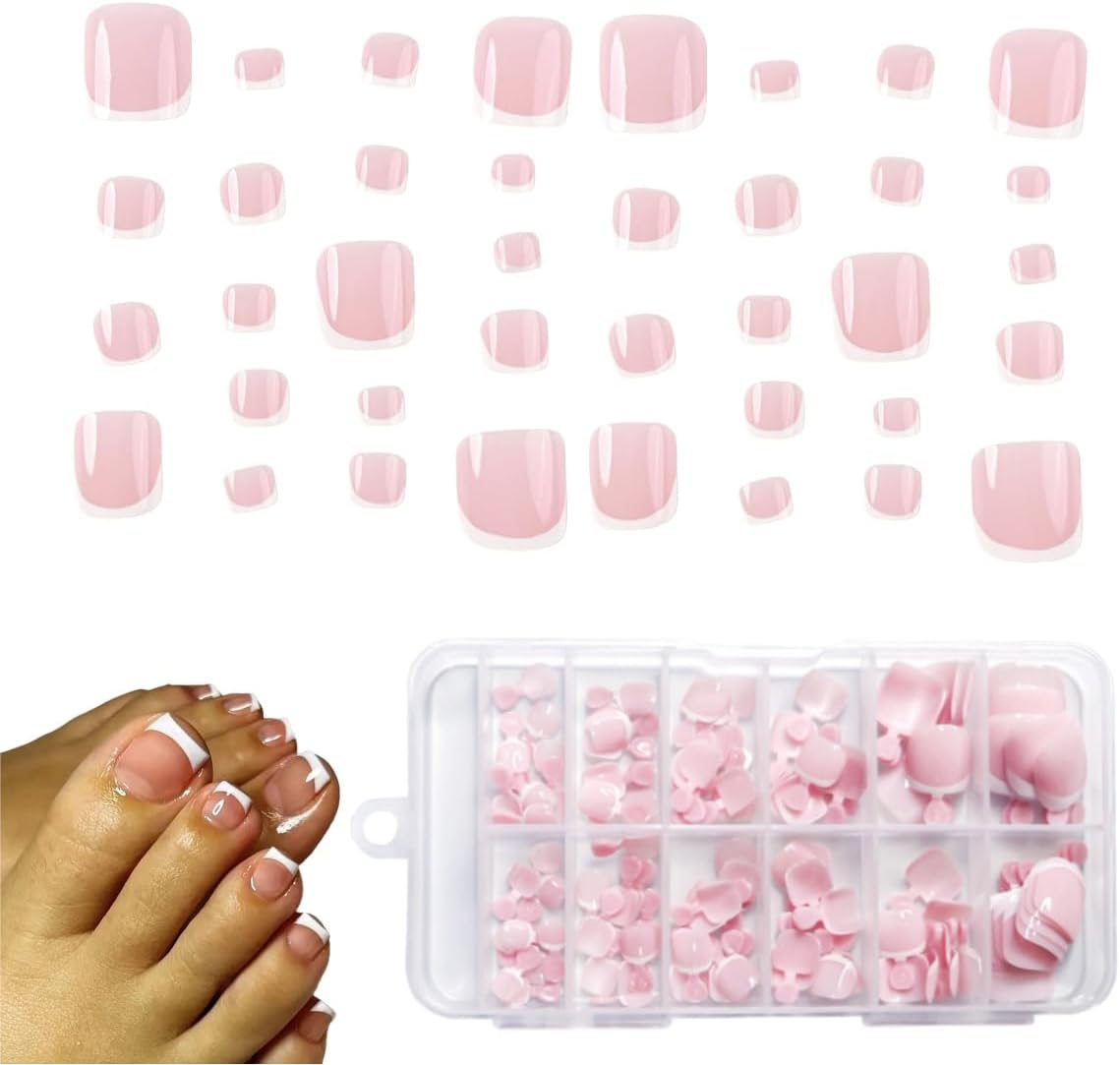 120 Pieces Zxjsisy of White-Edge Pink Fake Toenails, Pink Full Coverage Fake Nails, Short Square Gel Toenail Pieces, Suitable for DIY Manicures and Nail Salons image number 6