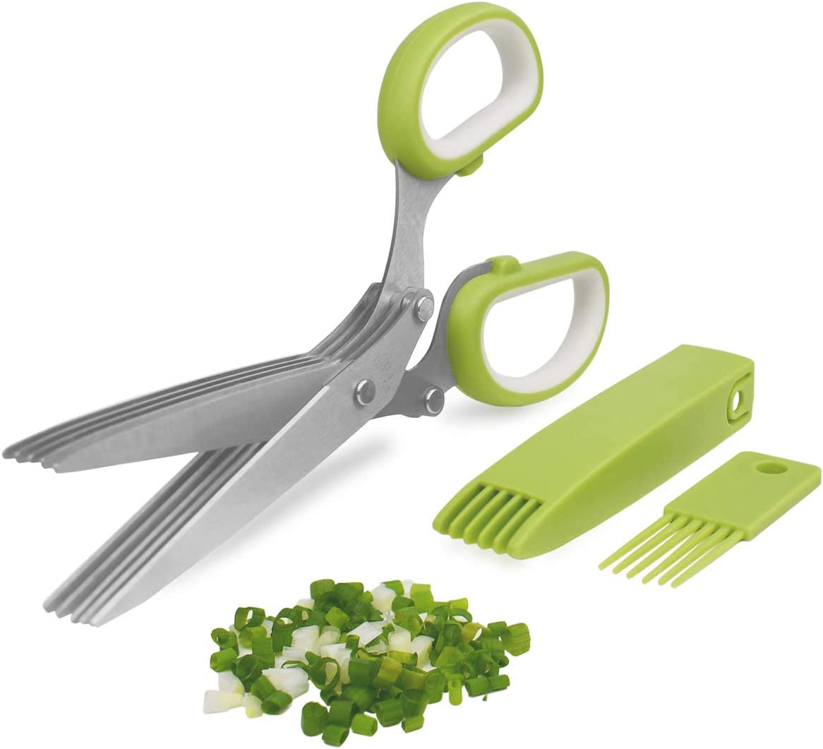 Herb Cutter Scissors 5 Blade Scissors Kitchen Multipurpose Cutting Shear with 5 Stainless Steel Blades & Safety Cover & Cleaning Comb Cilantro Scissors Sharp Shredding Shears Herb Scissors Set (Green) image number 2