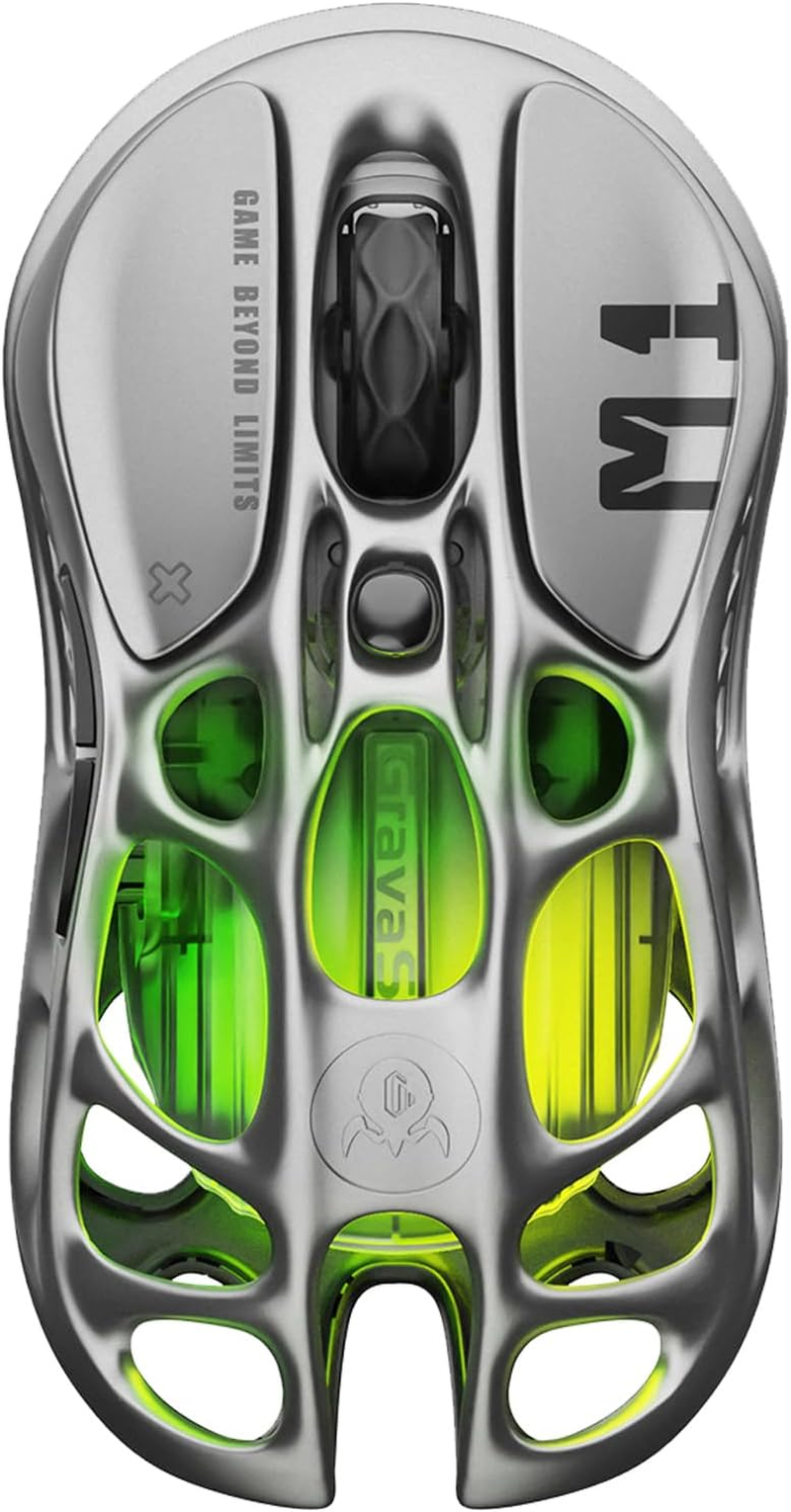 Gravastar Mercury M1 Pro Wireless Gaming Mouse, Magnesium Alloy MMO Gaming Mouse, 26000 DPI, 3.1 Oz Lightweight Hollow-Out Design, 5 Programmable Buttons, 5 Dynamic RGB Lightsync Modes, White