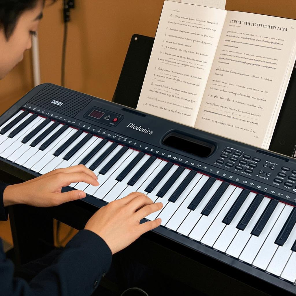 Diodonica 61-Key Light-Up Keyboard Piano for Kids & Beginners with Stand, Stool & Microphone &ndash; Portable Electric Piano with 60 Demo Songs, 200 Rhyhms,200 Tones, Key Stickers (Black) - Black image number 3