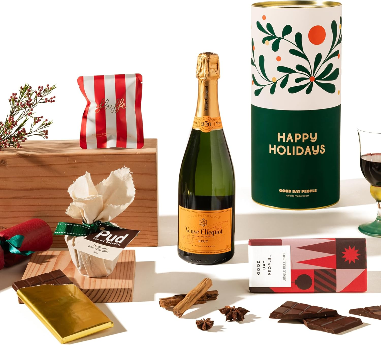 Champagne Christmas Hamper | Festive Freddy Champagne Hamper by Good Day People | Luxury Holiday Hamper, Gift Box, and Champagne Gift | with Veuve Clicquot Champagne, Bahen & Co. Chocolate, Christmas Pudding & Fluffe Fairy Floss &ndash; Gift Box for Celebrations & Holiday Occasions image number 5