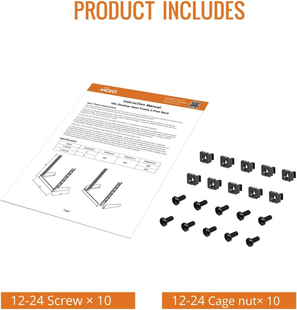 Tecmojo 12RU 19 Inches Desktop Open Frame Rack, 2 Post Network Rack with Square Holes, Compact Switch Depth for Patch Panel/Av/Computer Equipment